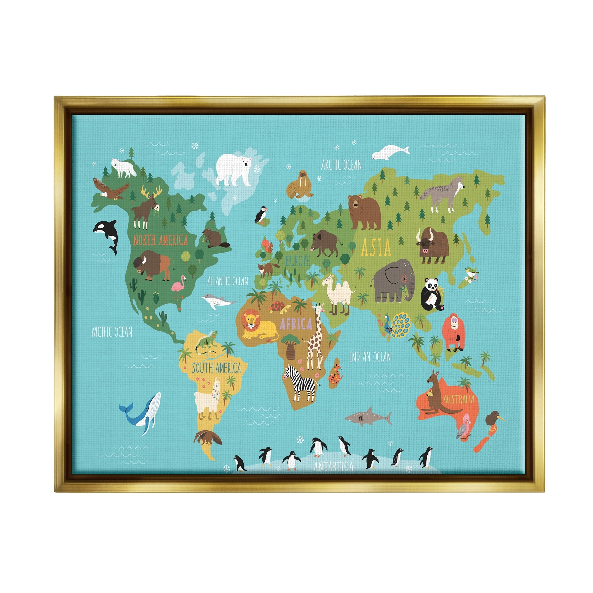 Stupell Industries Country Animals World Map Continents Wildlife Diagram Graphic Art Metallic Gold Floating Framed Canvas Print Wall Art, Design by Abi Hall