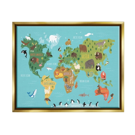 Stupell Industries Country Animals World Map Continents Wildlife Diagram Graphic Art Metallic Gold Floating Framed Canvas Print Wall Art, Design by Abi Hall