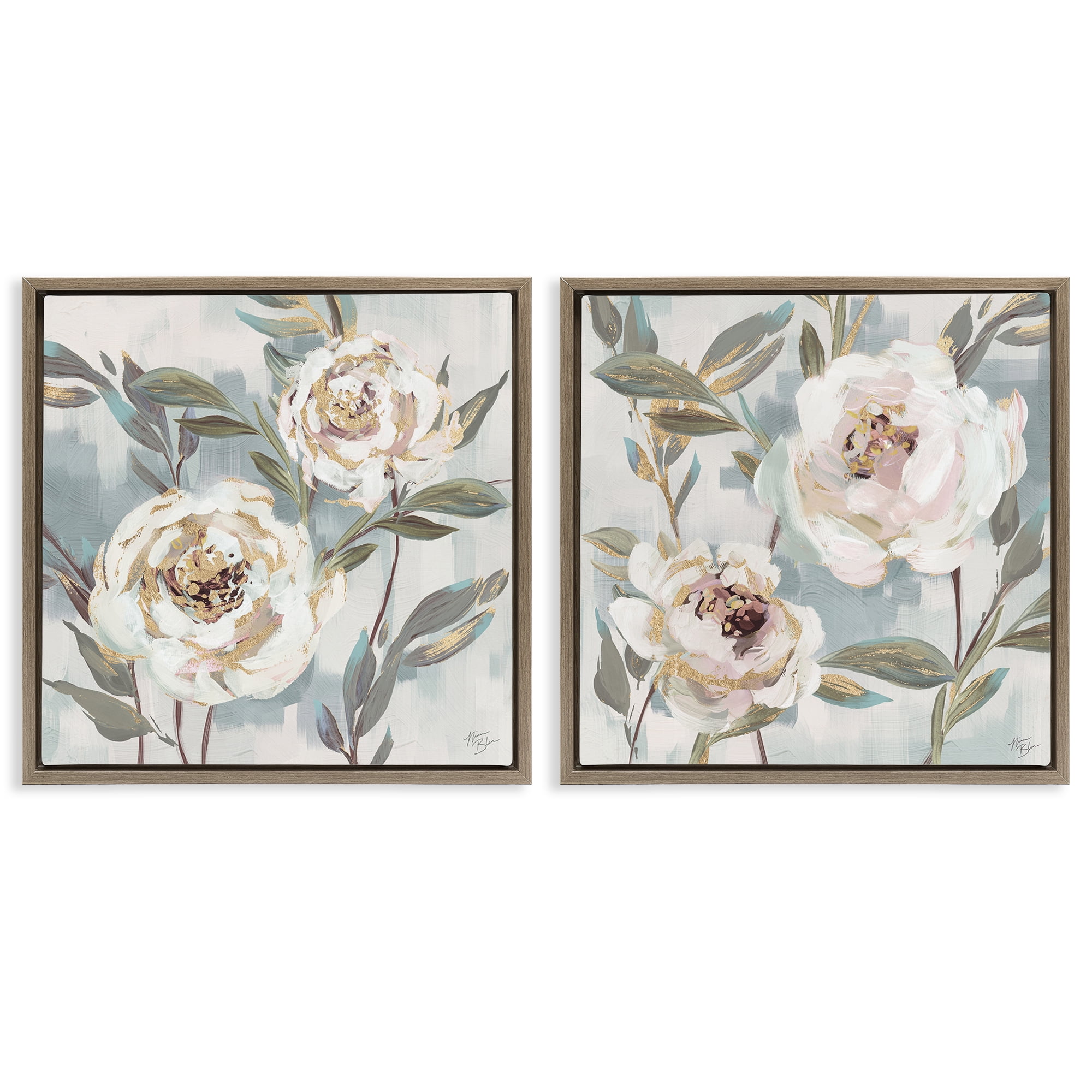 Stupell Industries Country Antique Blossoms Plants & Flowers Painting Brown Floater Framed Canvas Art Print Wall Art, 18 x 18, Set of 2