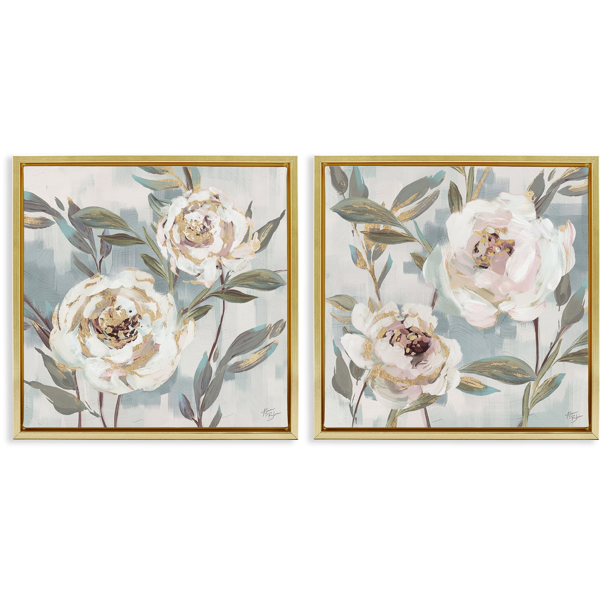 Stupell Industries Country Antique Blossoms Plants & Flowers Painting Gold Floater Framed Canvas Art Print Wall Art, 25 x 25, Set of 2