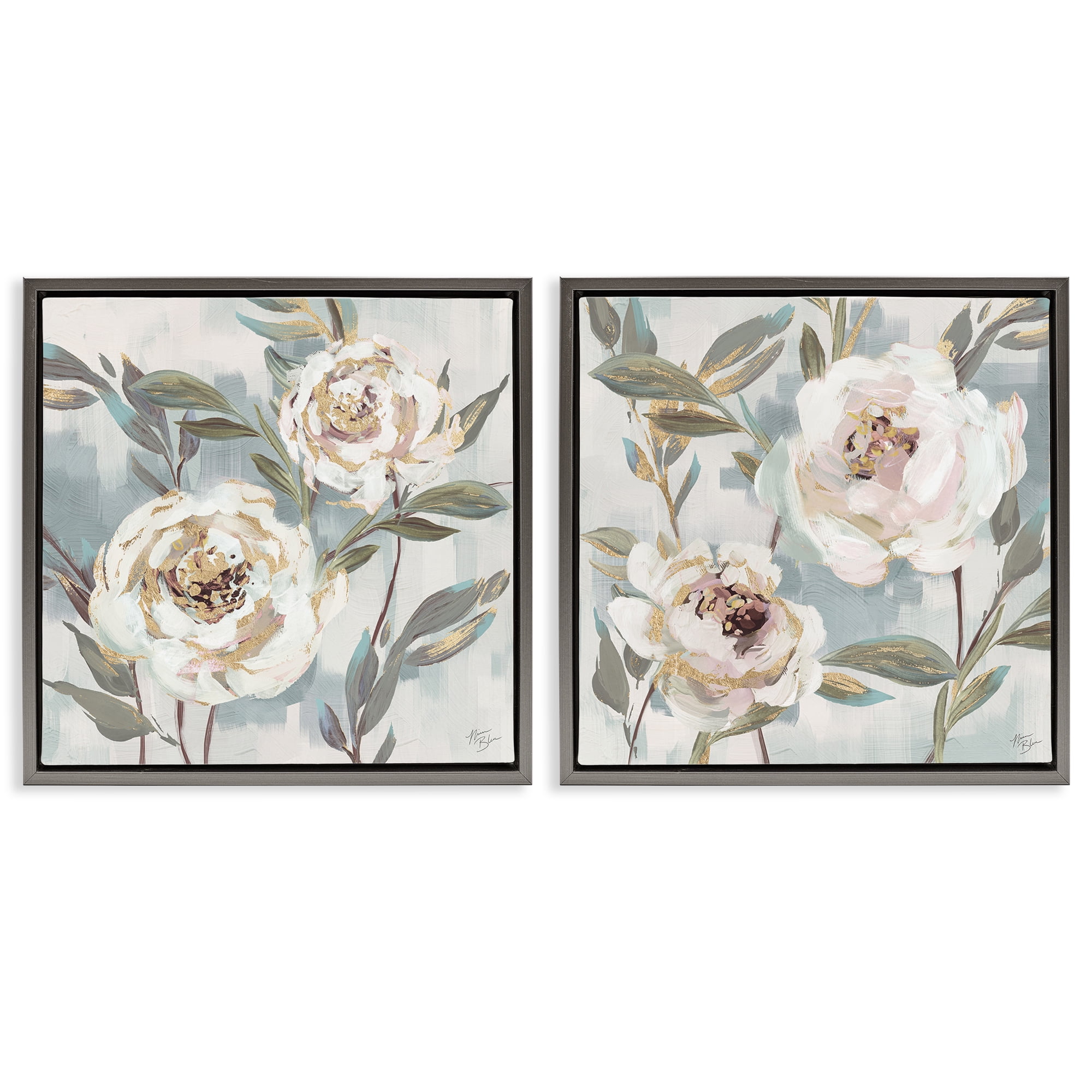 Stupell Industries Country Antique Blossoms Plants & Flowers Painting Gray Floater Framed Canvas Art Print Wall Art, 18 x 18, Set of 2