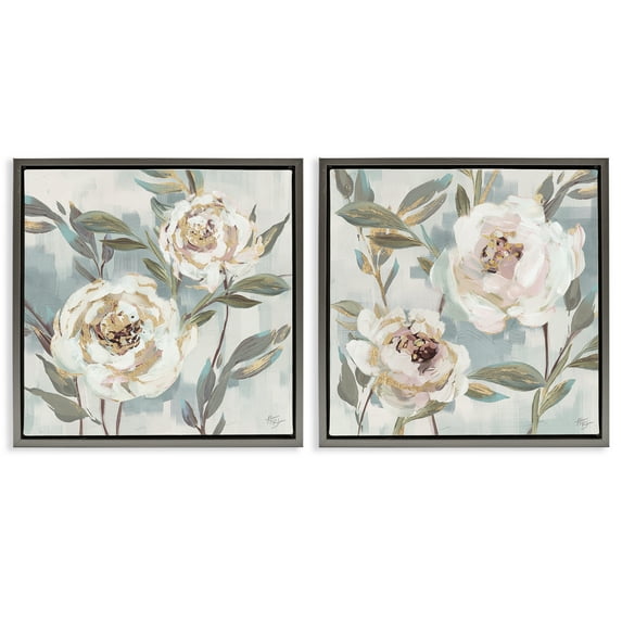 Stupell Industries Country Antique Blossoms Plants & Flowers Painting Gray Floater Framed Canvas Art Print Wall Art, 18 x 18, Set of 2