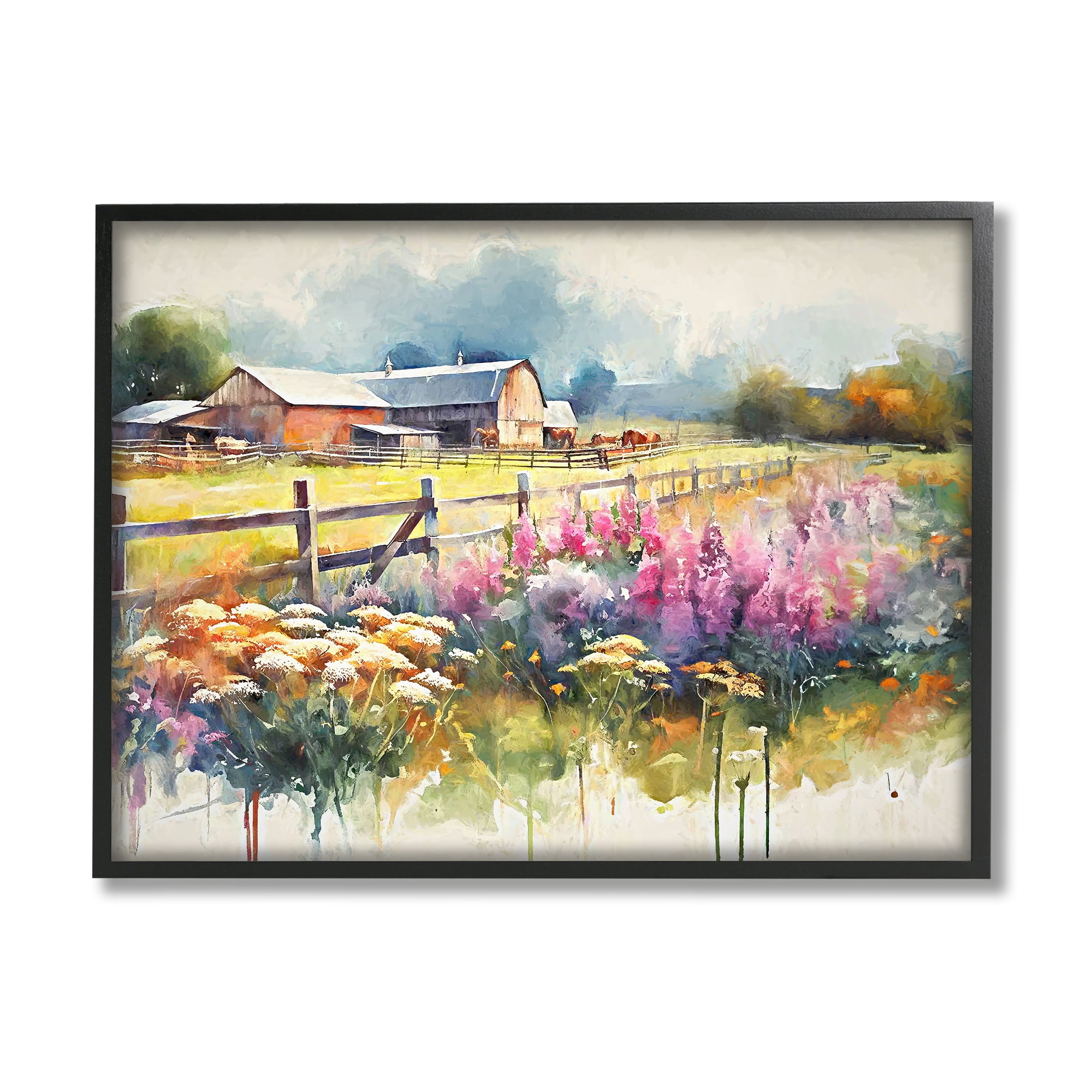 Country Barn Landscape Painting with Black Frame, 20 x 16