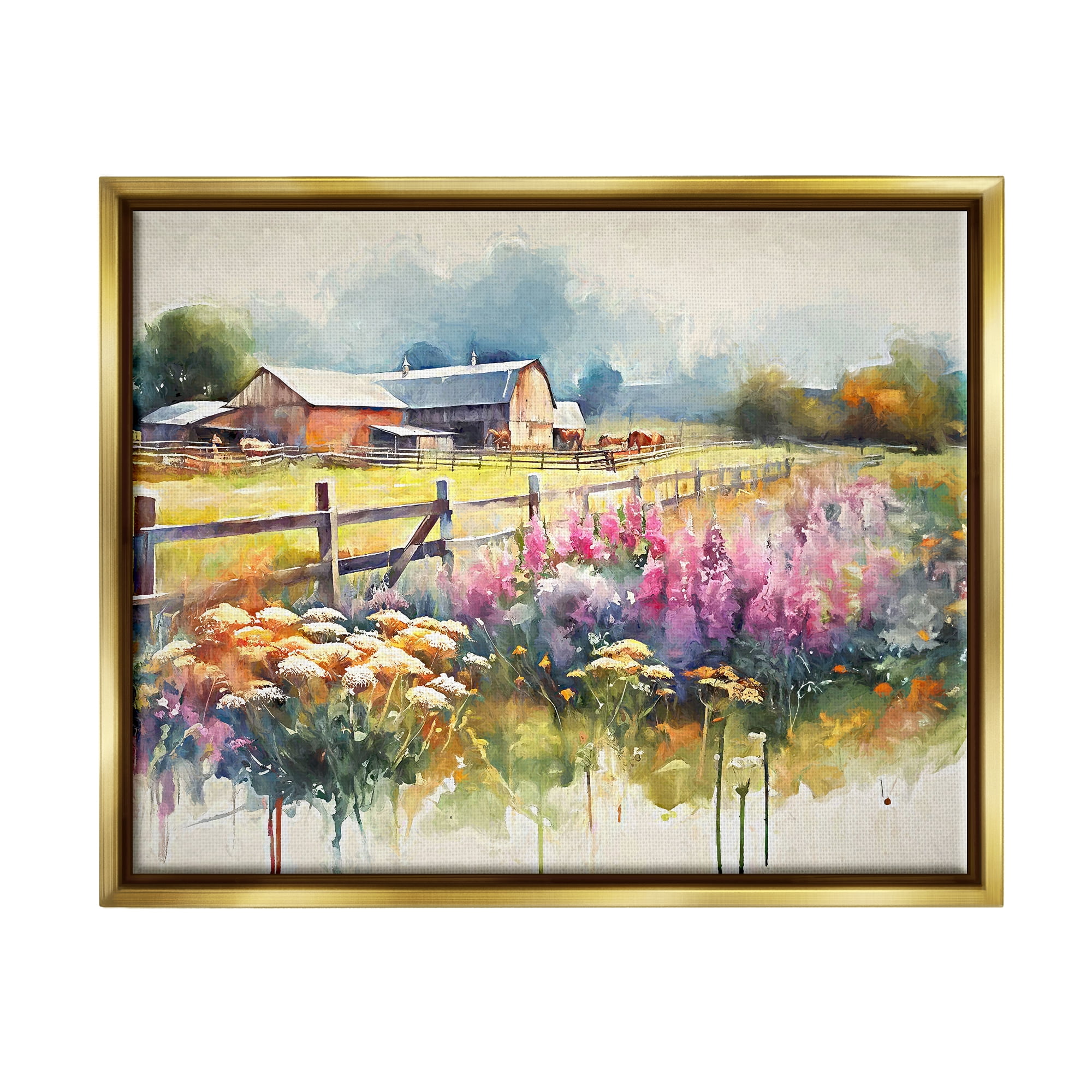 Stupell Industries Country Barn Modern Painting Landscape Painting Gold Floater Framed Canvas Art Print Wall Art, 31 x 25