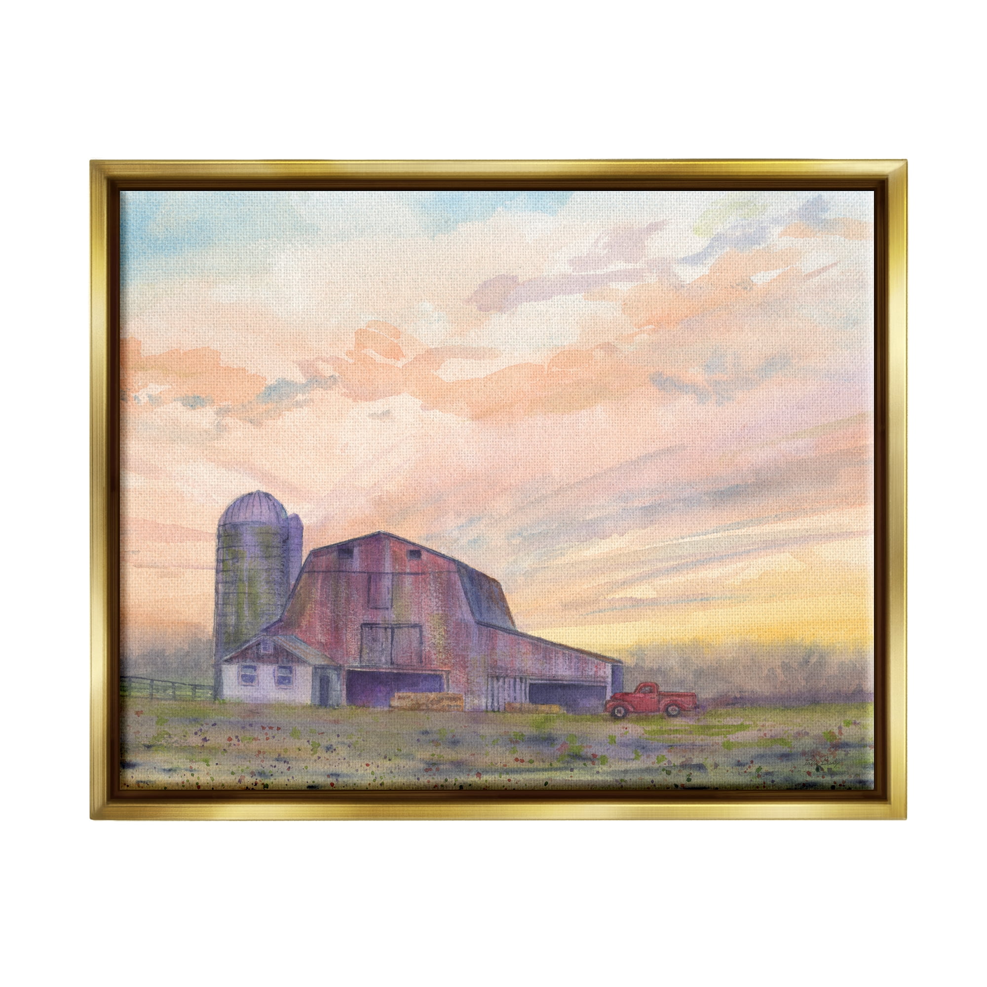 Stupell Industries Country Barn at Sunrise Nature Painting Gold Floater Framed Art Print Wall Art, 31 x 25