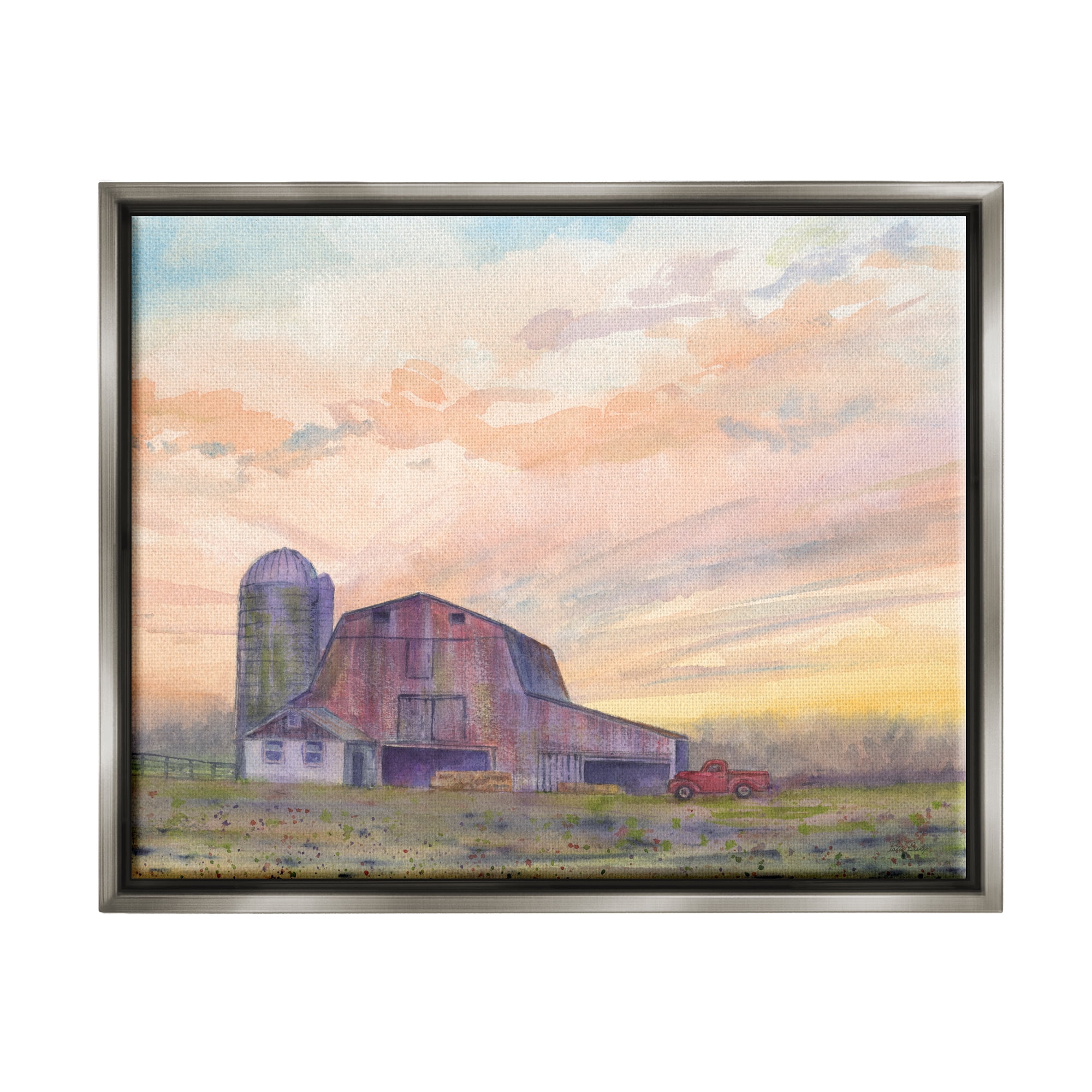 Stupell Industries Country Barn at Sunrise Nature Painting Gray Floater Framed Art Print Wall Art, 21 x 17