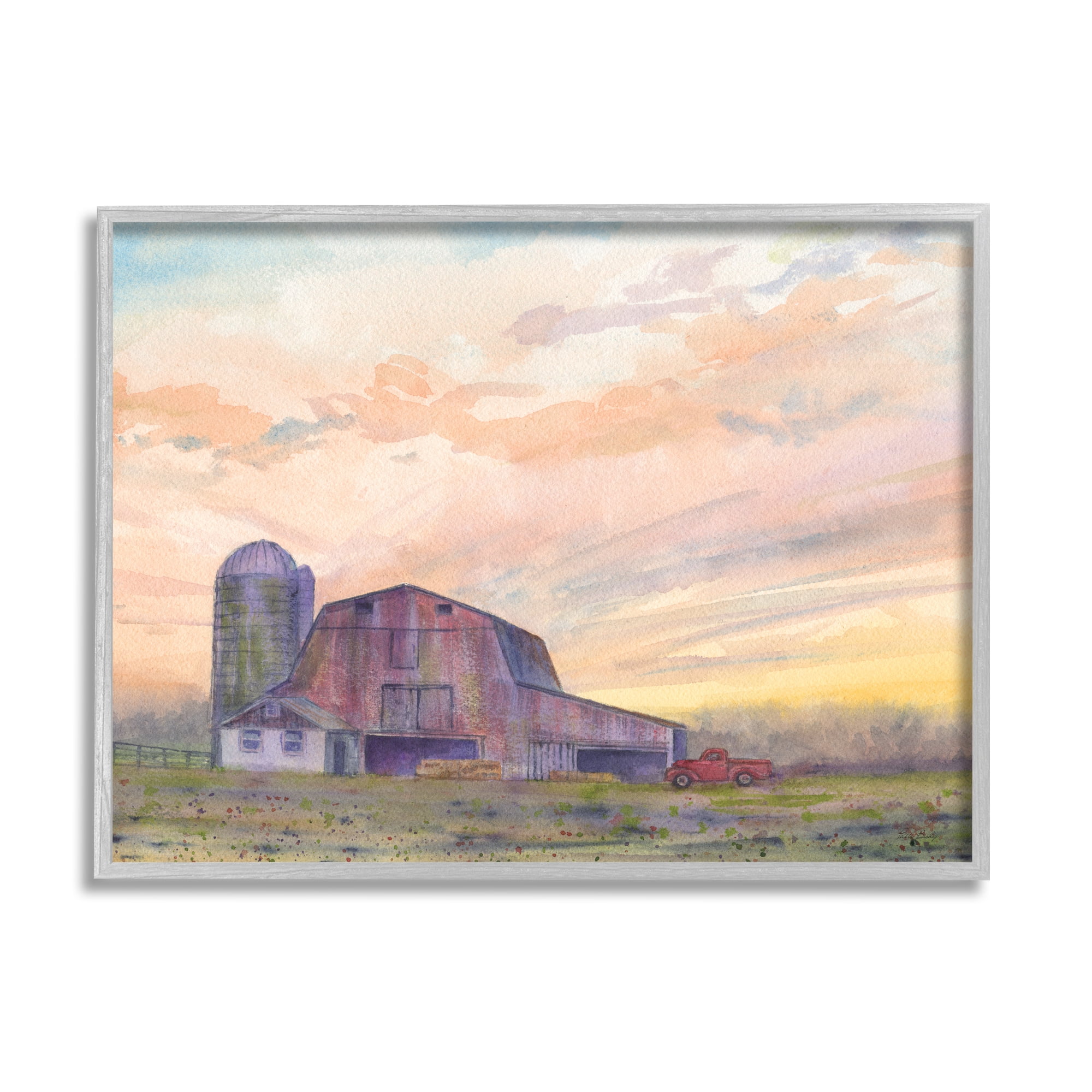 Stupell Industries Country Barn at Sunrise Nature Painting Gray Framed Art Print Wall Art, 30 x 24