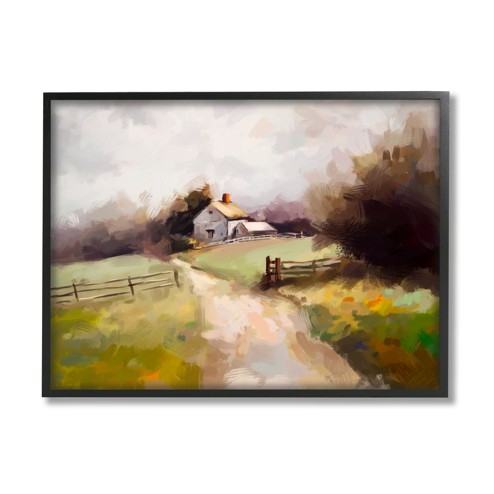 Stupell Industries Country Barn with Fence Landscape Painting Black Framed Art Print Wall Art, 20 x 16