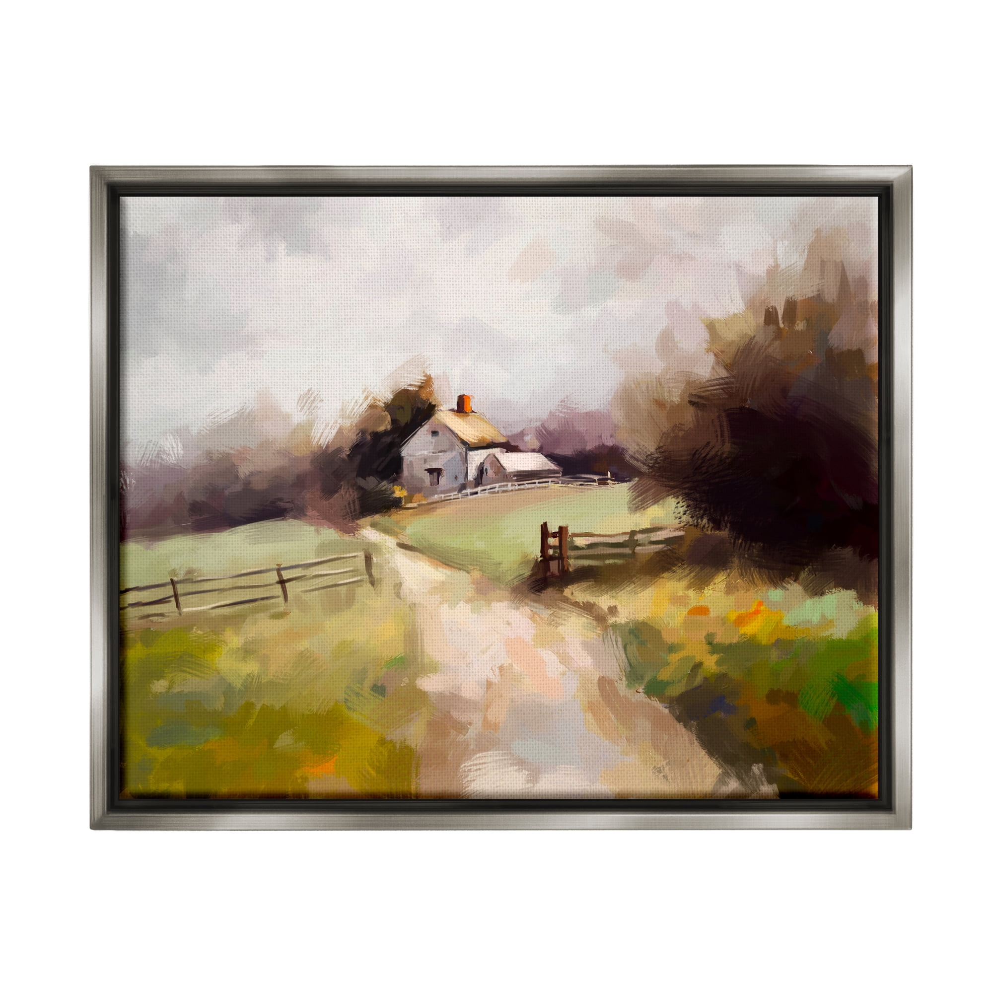 Stupell Industries Country Barn with Fence Landscape Painting Gray Floater Framed Canvas Art Print Wall Art, 21 x 17