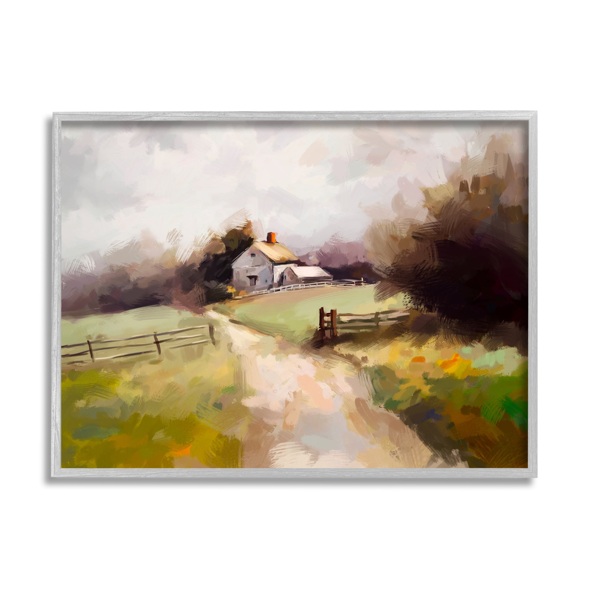 Stupell Industries Country Barn with Fence Landscape Painting Gray Framed Art Print Wall Art, 14 x 11