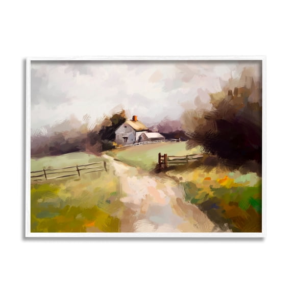 Stupell Industries Country Barn with Fence Landscape Painting White Framed Art Print Wall Art, 14 x 11