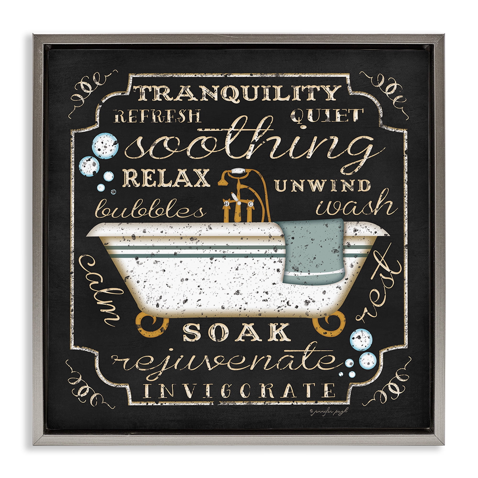 Stupell Industries Country Bathtub with Various Phrases Typography Painting Gray Floater Framed Canvas Art Print Wall Art, 18 x 18