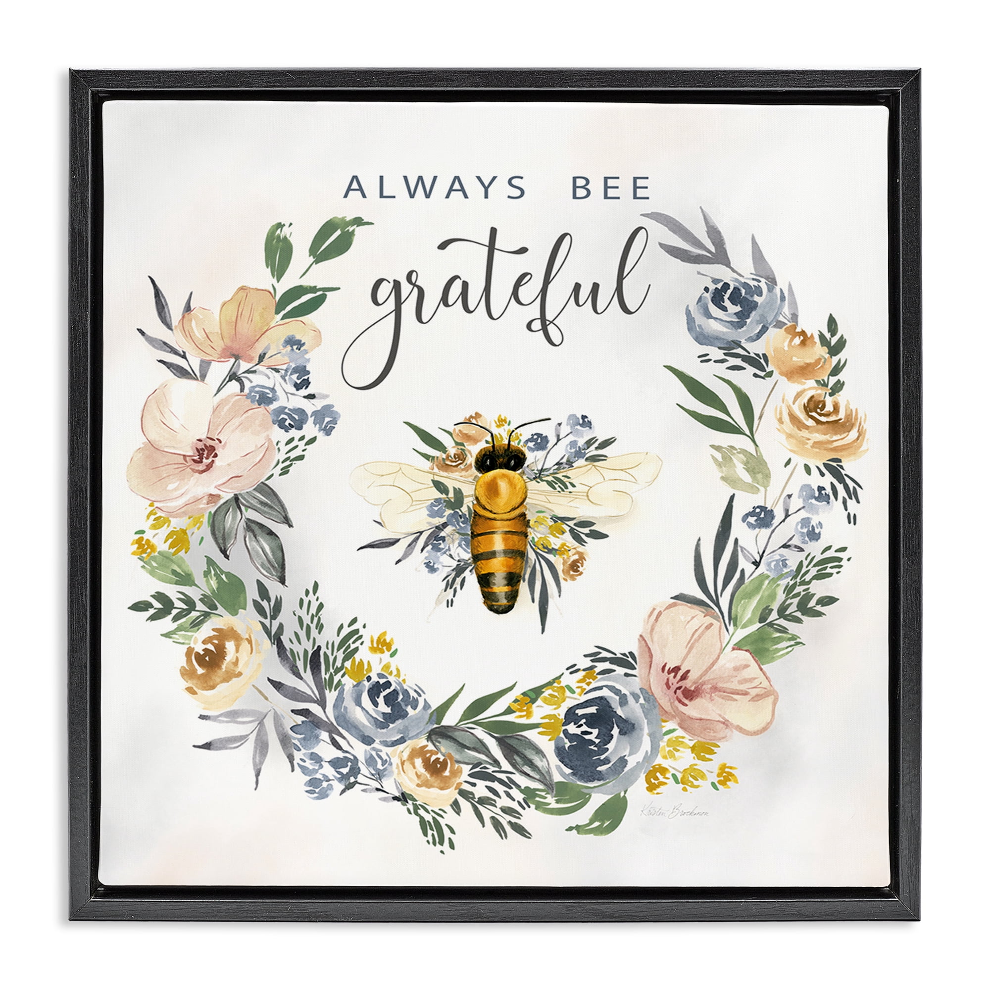 Stupell Industries Country Bee Grateful Botanical & Floral Painting Black Floater Framed Canvas Art Print Wall Art, 18 x 18