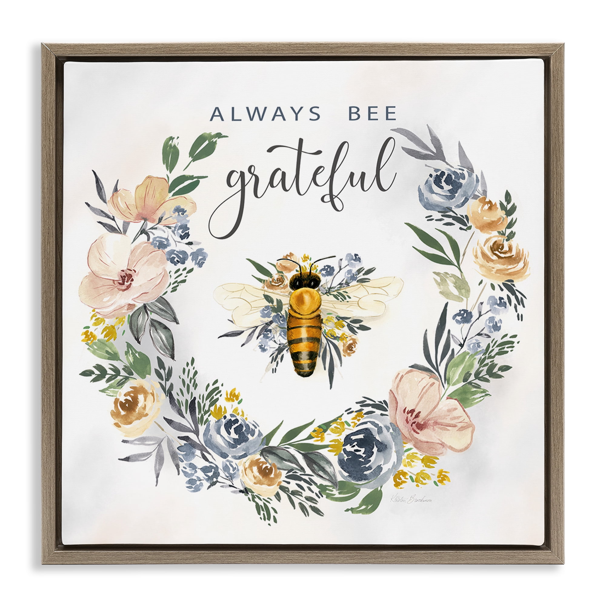 Stupell Industries Country Bee Grateful Botanical & Floral Painting Brown Floater Framed Canvas Art Print Wall Art, 18 x 18