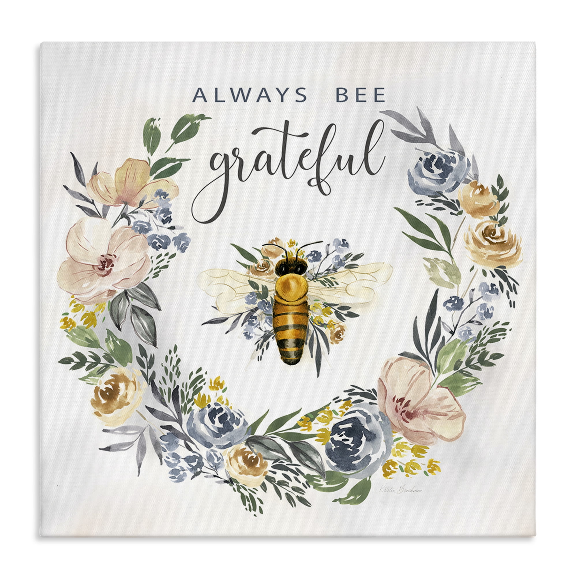 Stupell Industries Country Bee Grateful Botanical & Floral Painting Gallery Wrapped Canvas Art Print Wall Art, 17 x 17