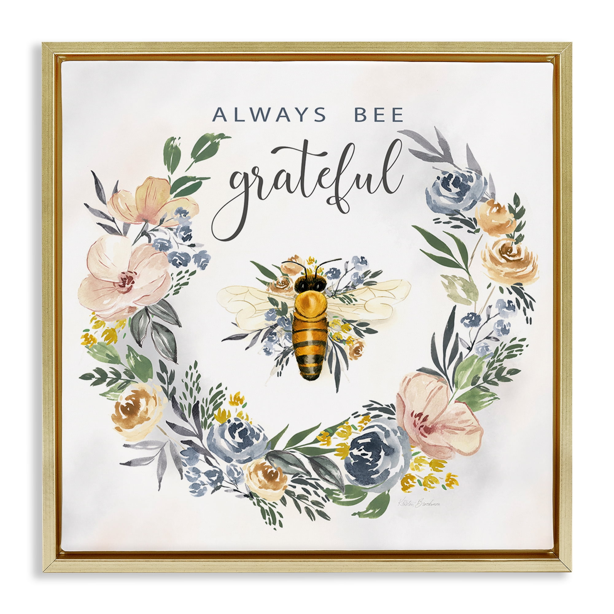Stupell Industries Country Bee Grateful Botanical & Floral Painting Gold Floater Framed Canvas Art Print Wall Art, 18 x 18