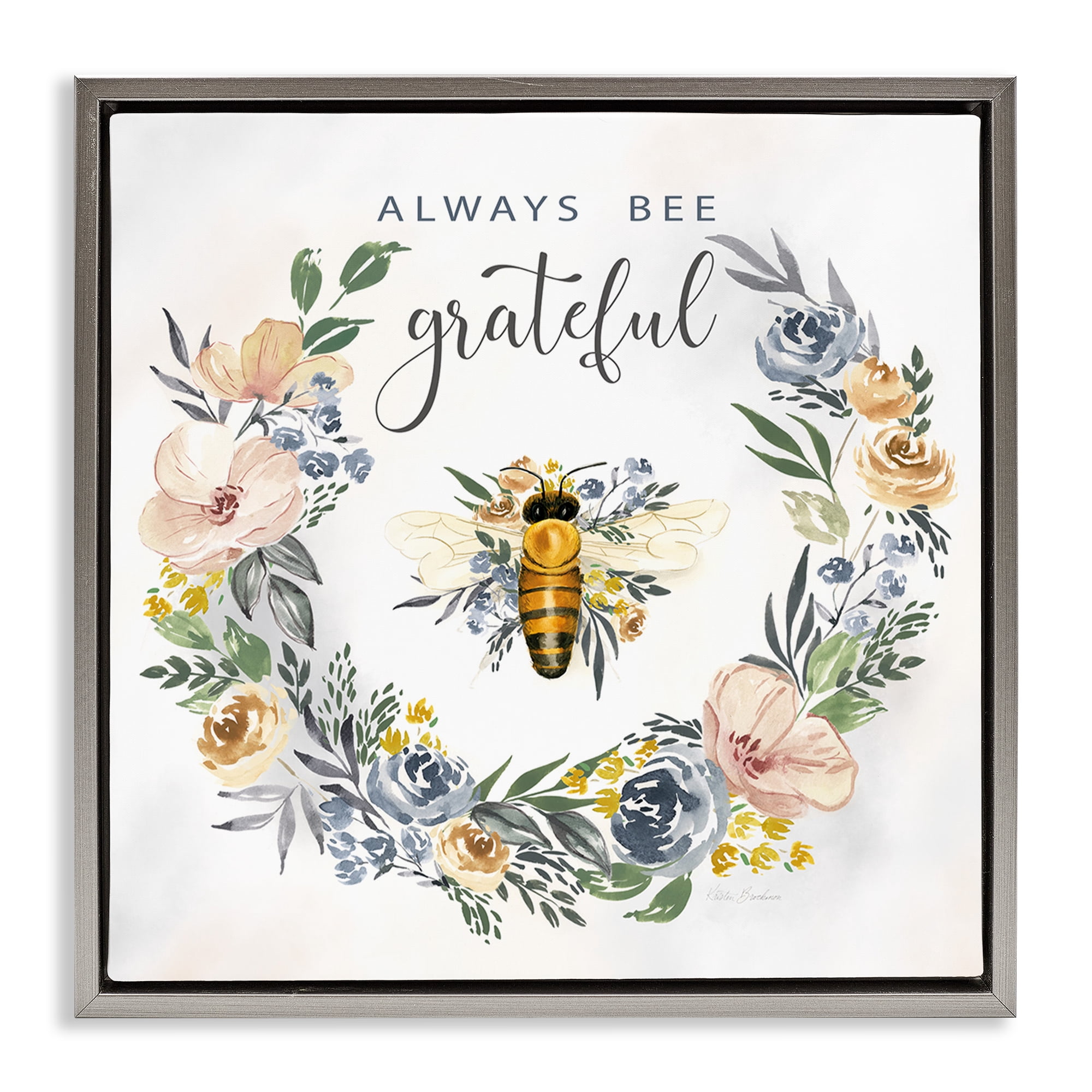 Stupell Industries Country Bee Grateful Botanical & Floral Painting Gray Floater Framed Canvas Art Print Wall Art, 25 x 25