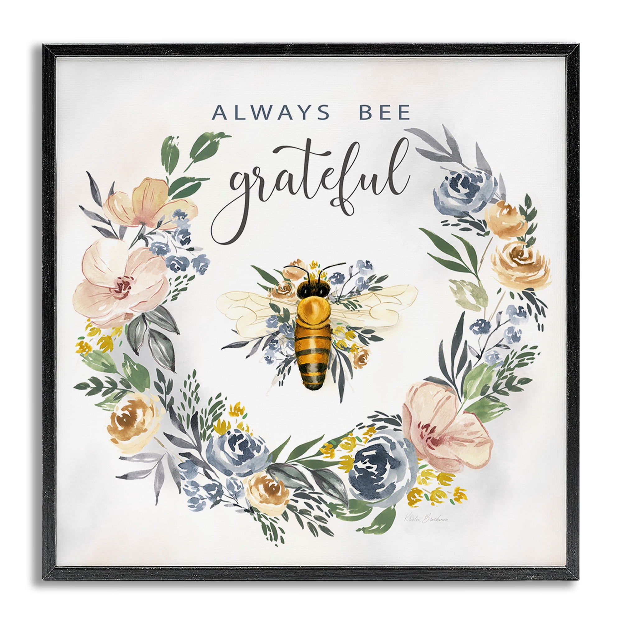 Stupell Industries Country Bee Grateful Botanical & Floral Painting Gray Framed Art Print Wall Art, 17 x 17