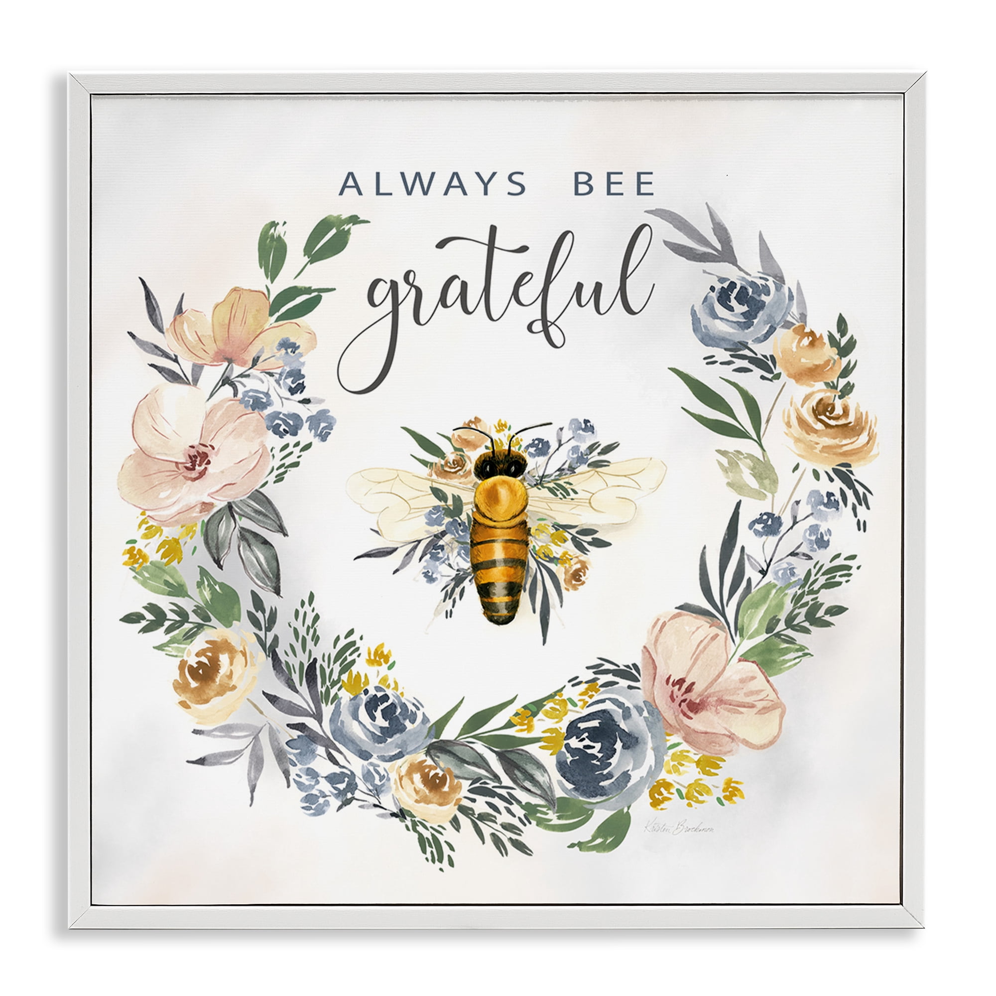 Stupell Industries Country Bee Grateful Botanical & Floral Painting White Framed Art Print Wall Art, 12 x 12