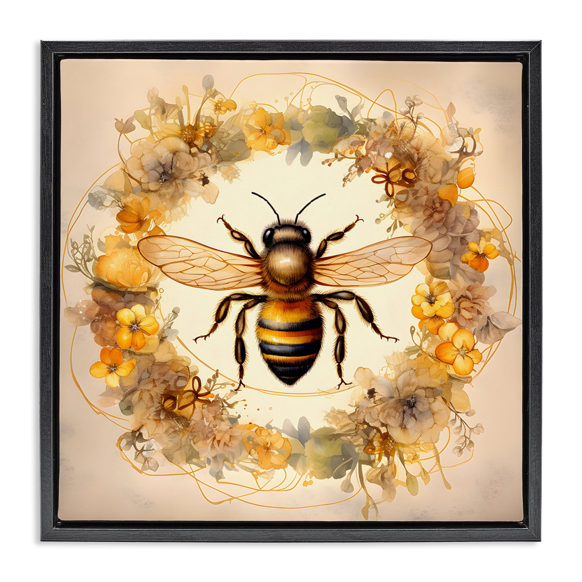 Stupell Industries Country Bee Wreath Animals & Insects Painting Black Floater Framed Canvas Art Print Wall Art, 18 x 18