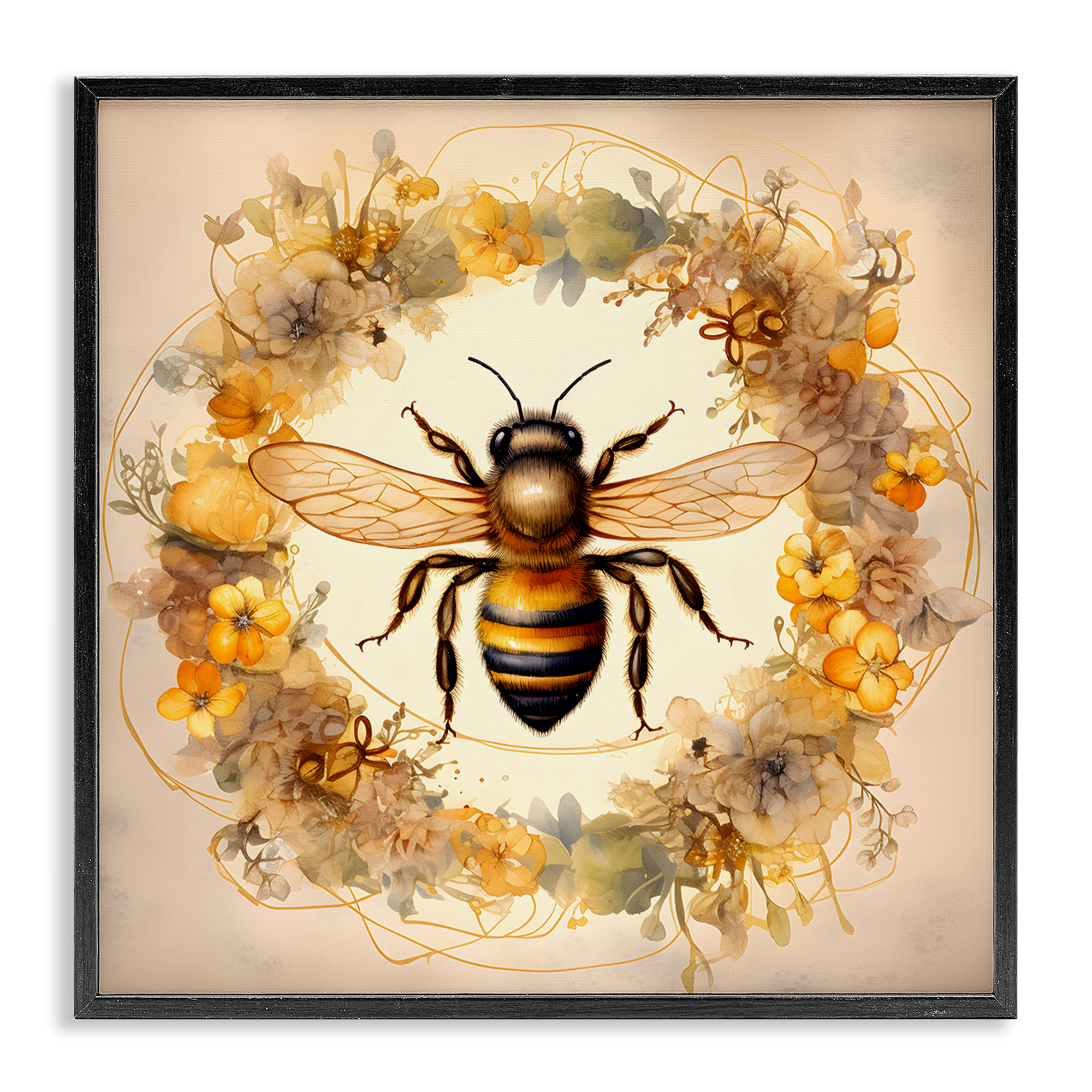 Stupell Industries Country Bee Wreath Animals & Insects Painting Black Framed Art Print Wall Art, 12 x 12