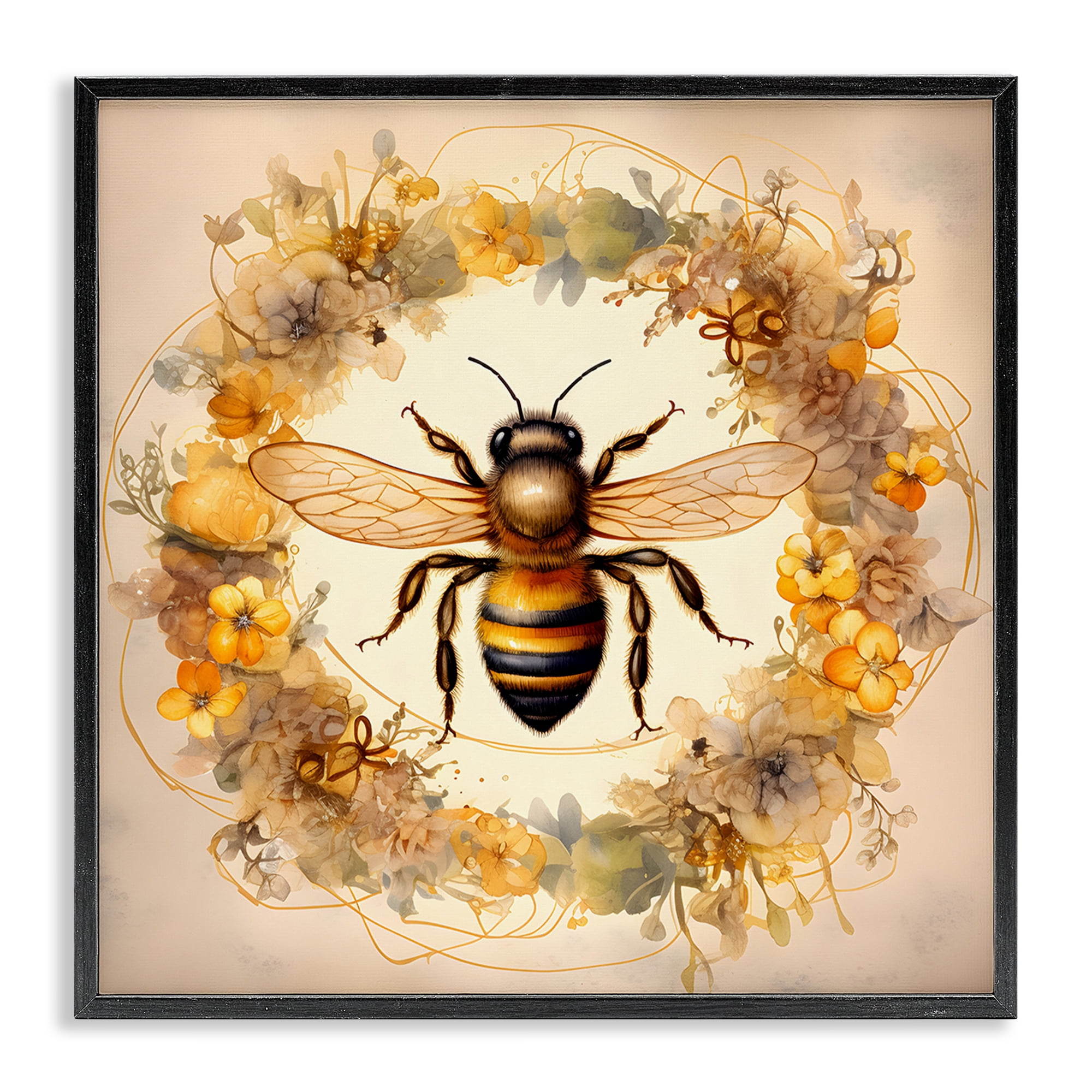 Stupell Industries Country Bee Wreath Animals & Insects Painting Black Framed Art Print Wall Art, 24 x 24