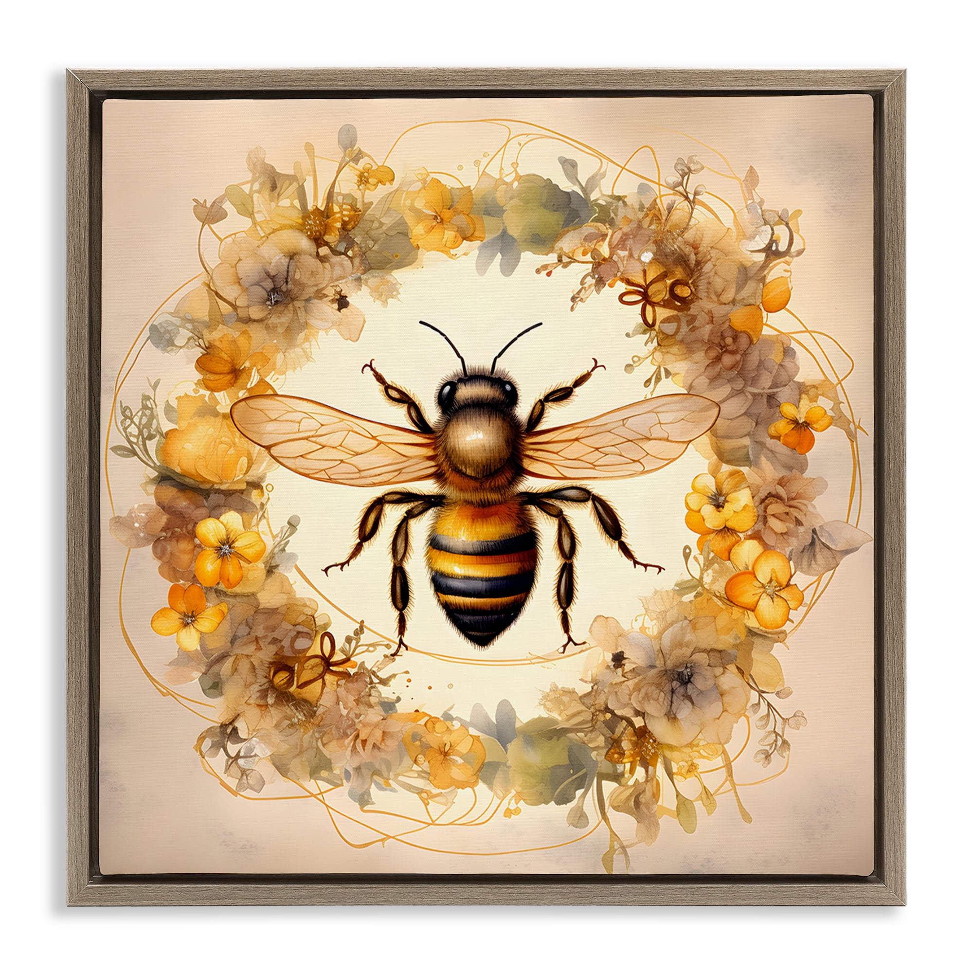 Stupell Industries Country Bee Wreath Animals & Insects Painting Brown Floater Framed Canvas Art Print Wall Art, 18 x 18