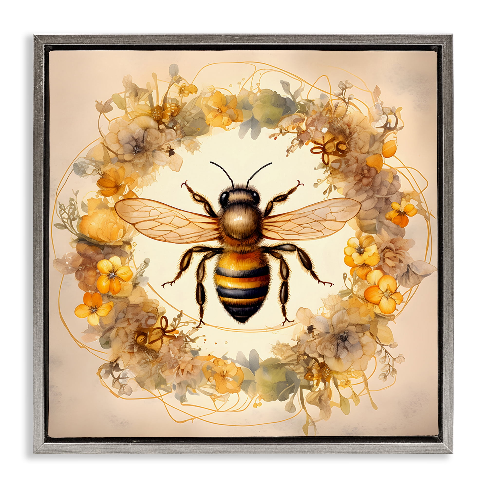 Stupell Industries Country Bee Wreath Animals & Insects Painting Gray Floater Framed Canvas Art Print Wall Art, 18 x 18