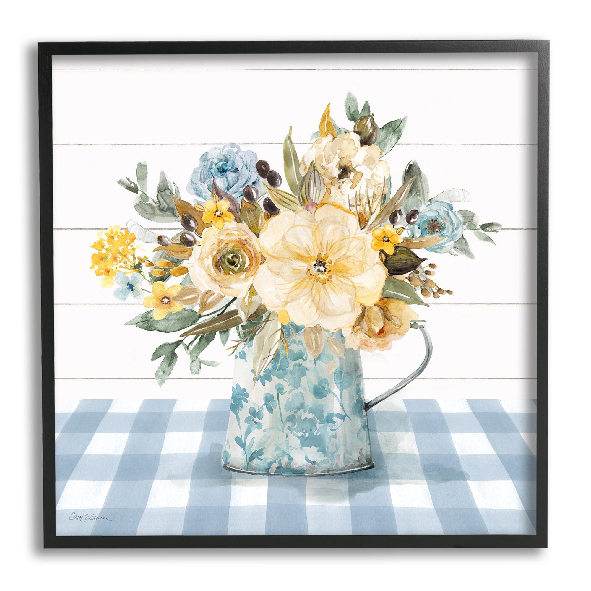 Stupell Industries Country Blooms on Plaid Botanical & Floral Painting Black Framed Art Print Wall Art, 24 x 24
