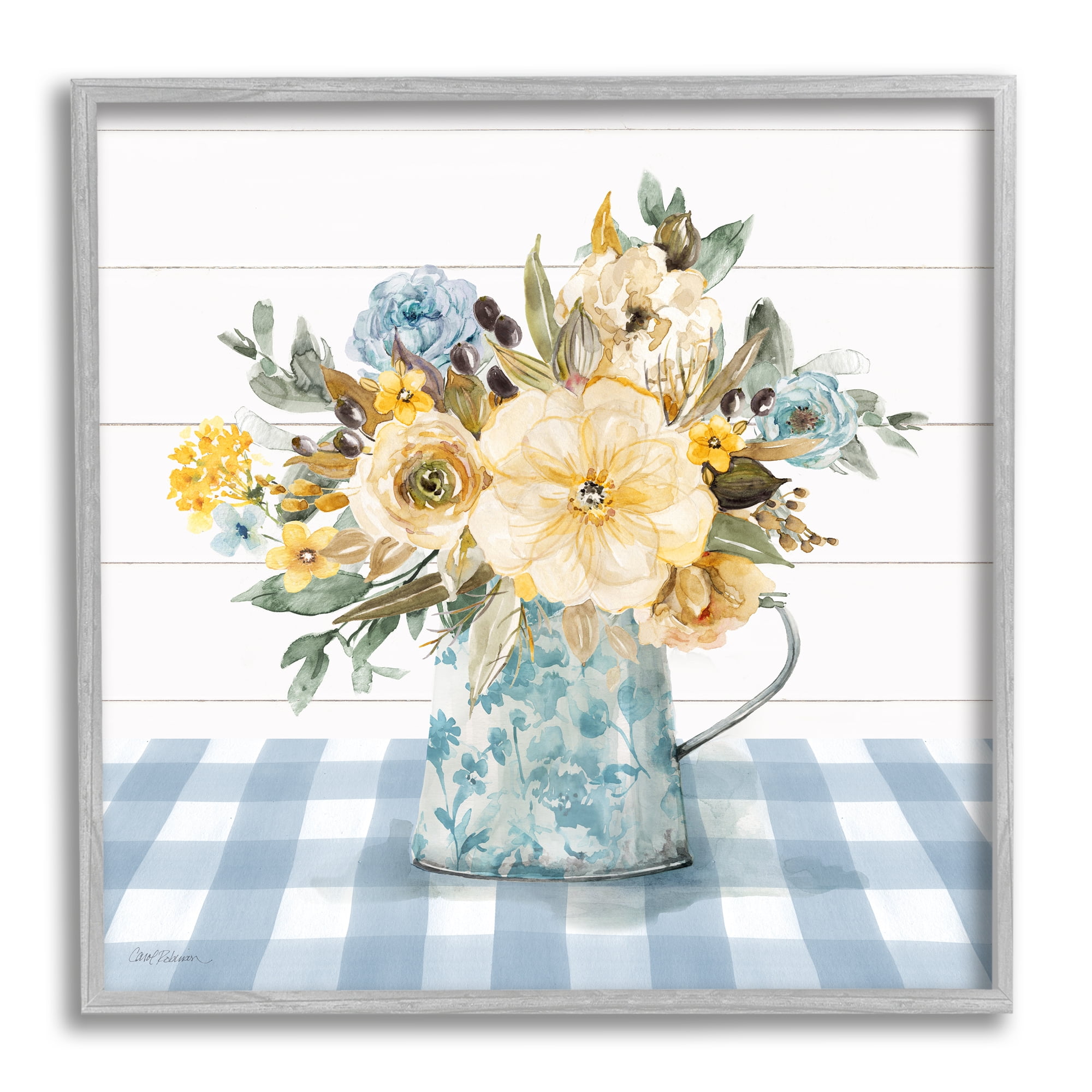Stupell Industries Country Blooms on Plaid Botanical & Floral Painting Gray Framed Art Print Wall Art, 17 x 17