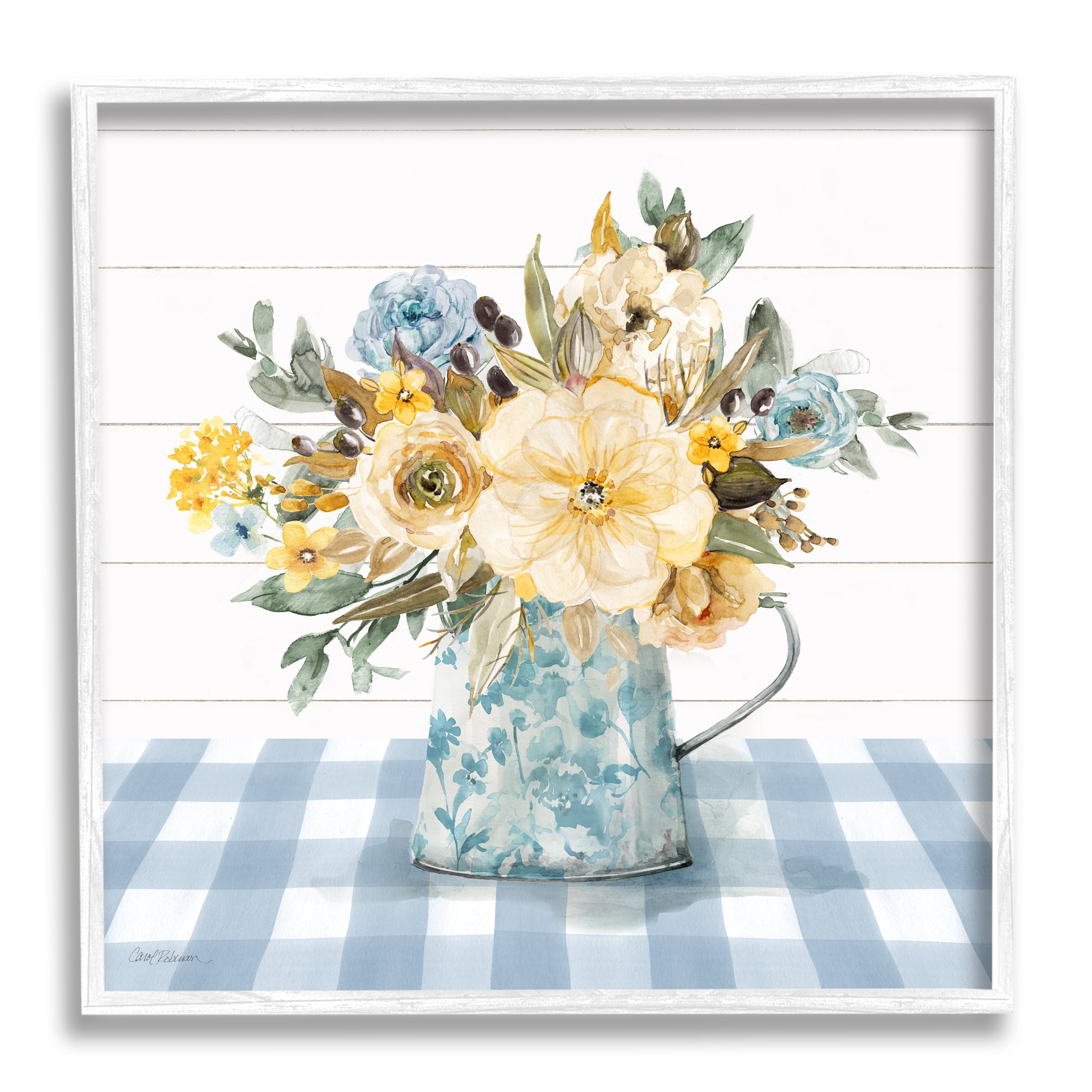 Stupell Industries Country Blooms on Plaid Botanical & Floral Painting White Framed Art Print Wall Art, 24 x 24