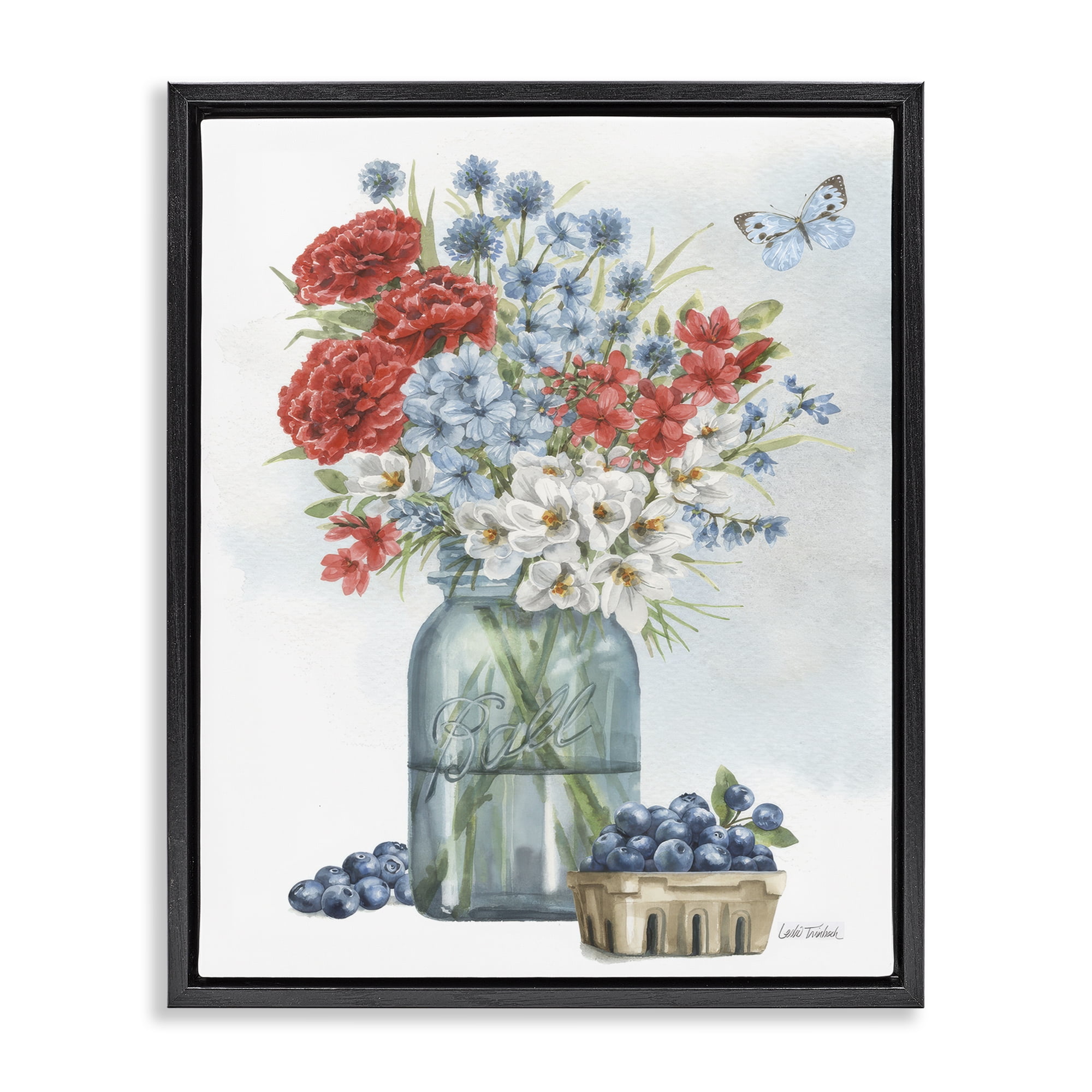 Stupell Industries Country Blossoms & Blueberries Plants & Flowers Painting Black Floater Framed Canvas Art Print Wall Art, 25 x 31