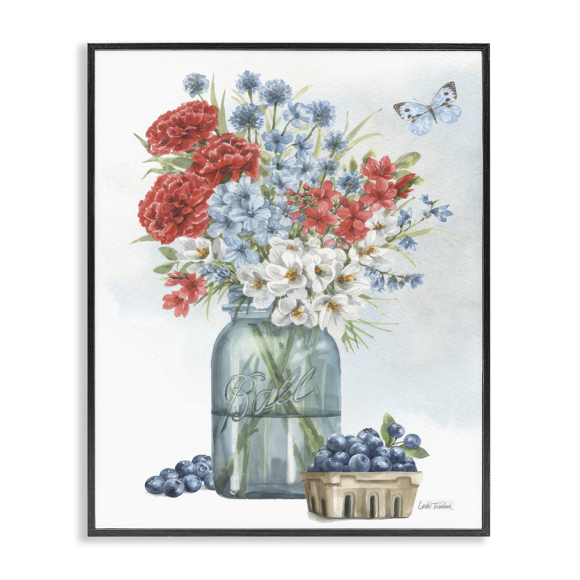 Stupell Industries Country Blossoms & Blueberries Plants & Flowers Painting Black Framed Art Print Wall Art, 11 x 14