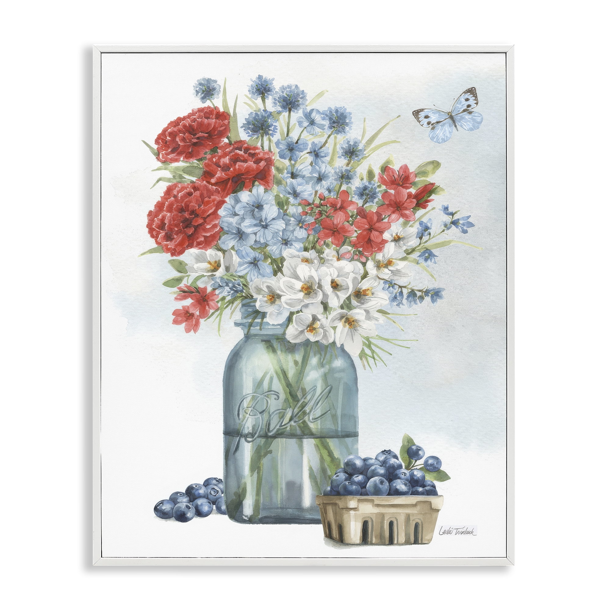 Stupell Industries Country Blossoms & Blueberries Plants & Flowers Painting White Framed Art Print Wall Art, 16 x 20