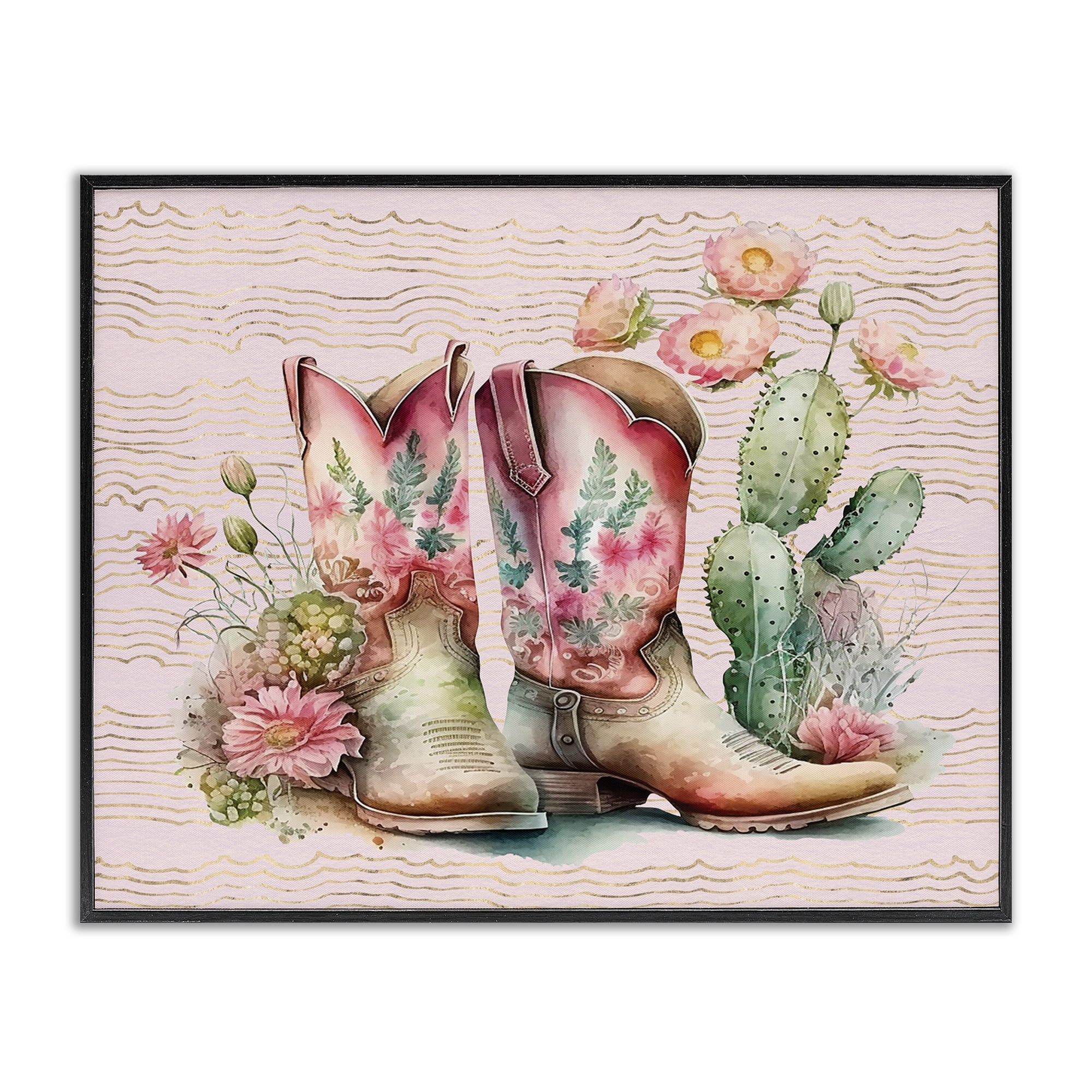 Stupell Industries Country Boots with Cacti Plants & Flowers Painting Black Framed Art Print Wall Art, 20 x 16