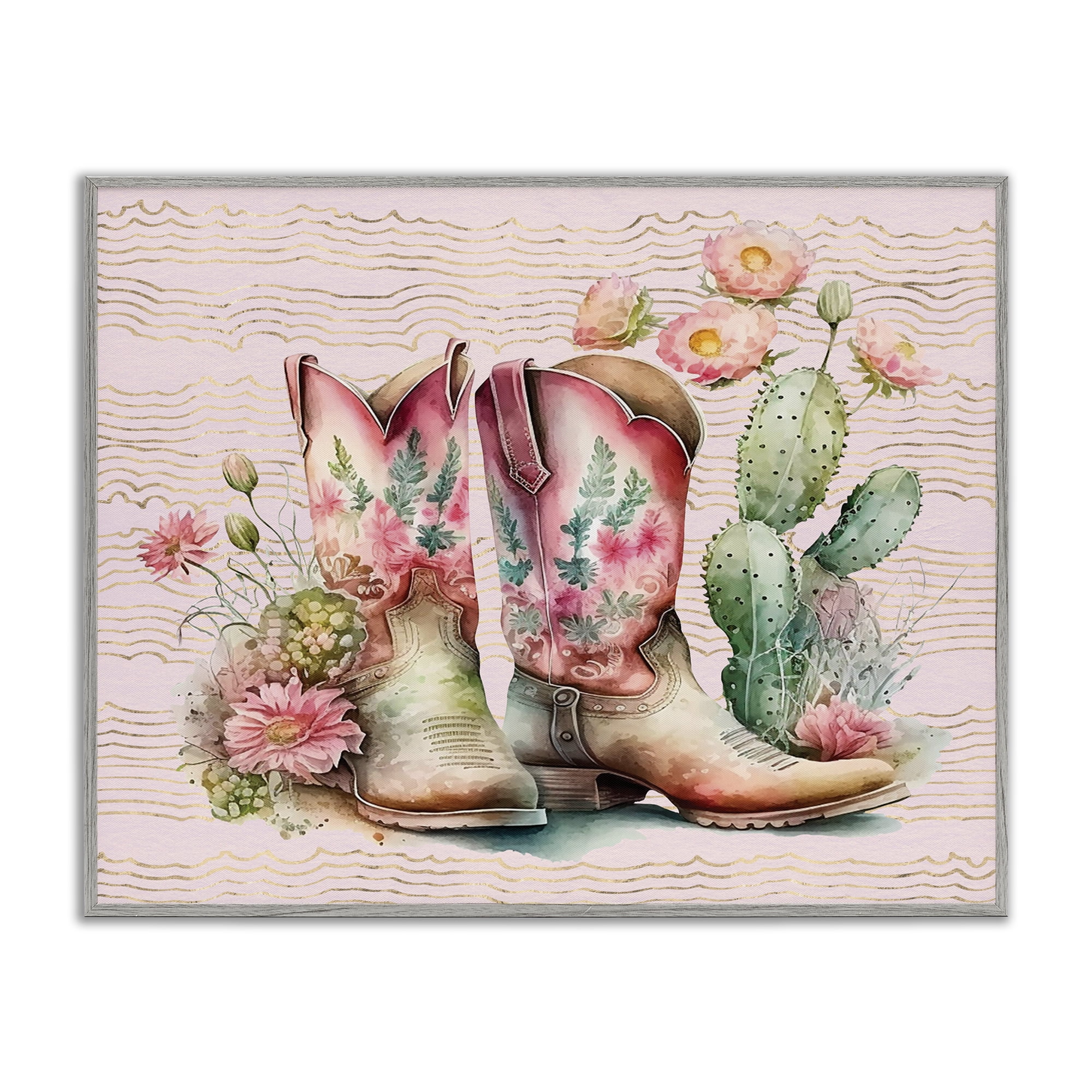 Stupell Industries Country Boots with Cacti Plants & Flowers Painting Gray Framed Art Print Wall Art, 14 x 11