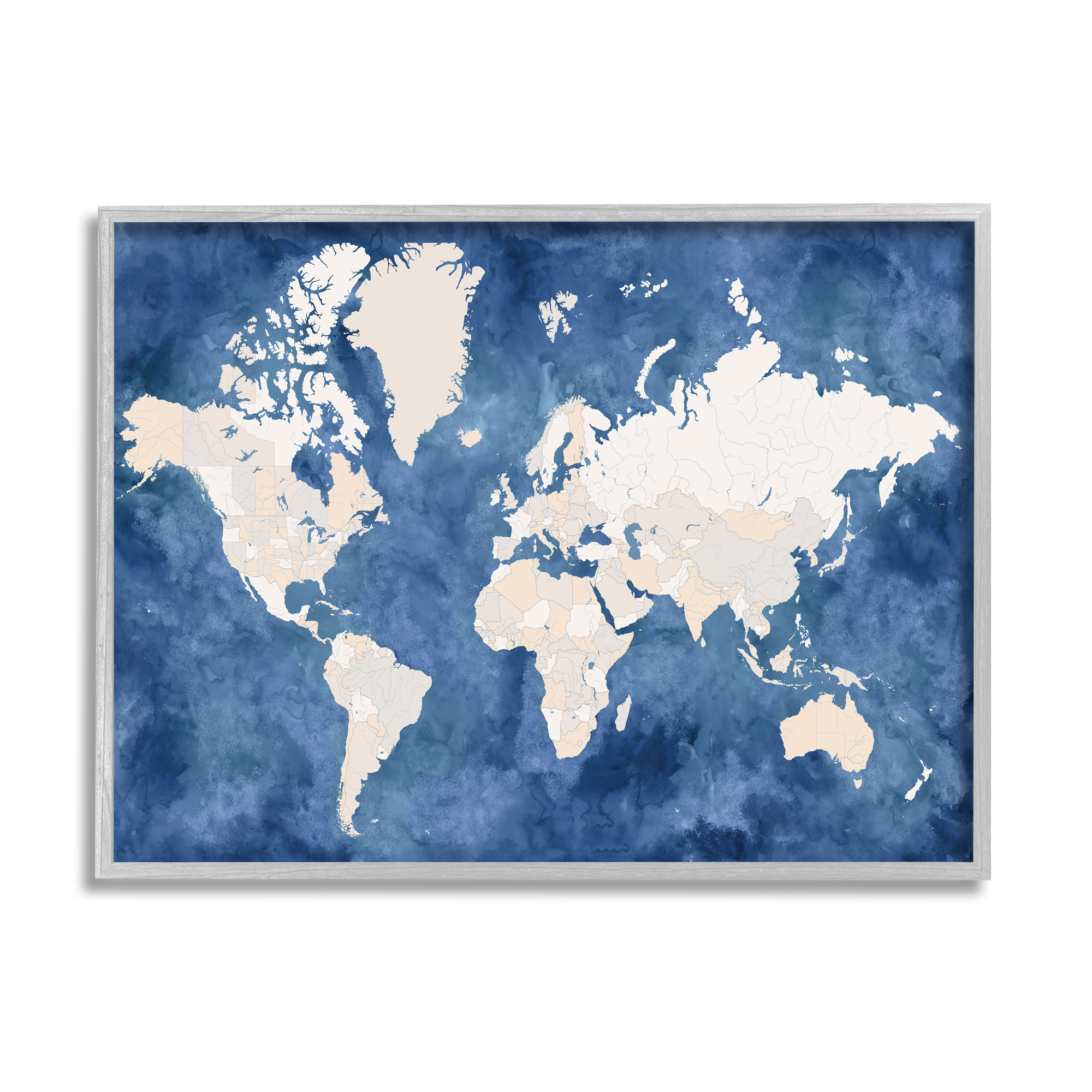 Stupell Industries Country Border World Map Deep Blue Ocean Graphic Art Gray Framed Art Print Wall Art, 24x30, by BlursByAI