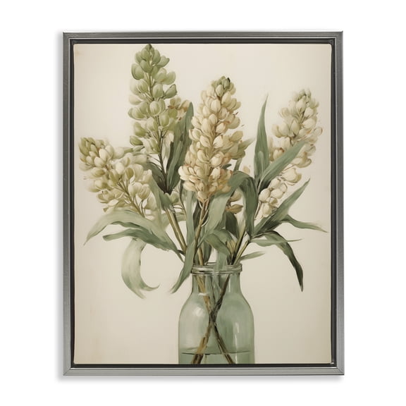 Stupell Industries Country Botanicals in Green Jar Floral Painting Gray Floater Framed Canvas Art Print Wall Art, 17 x 21