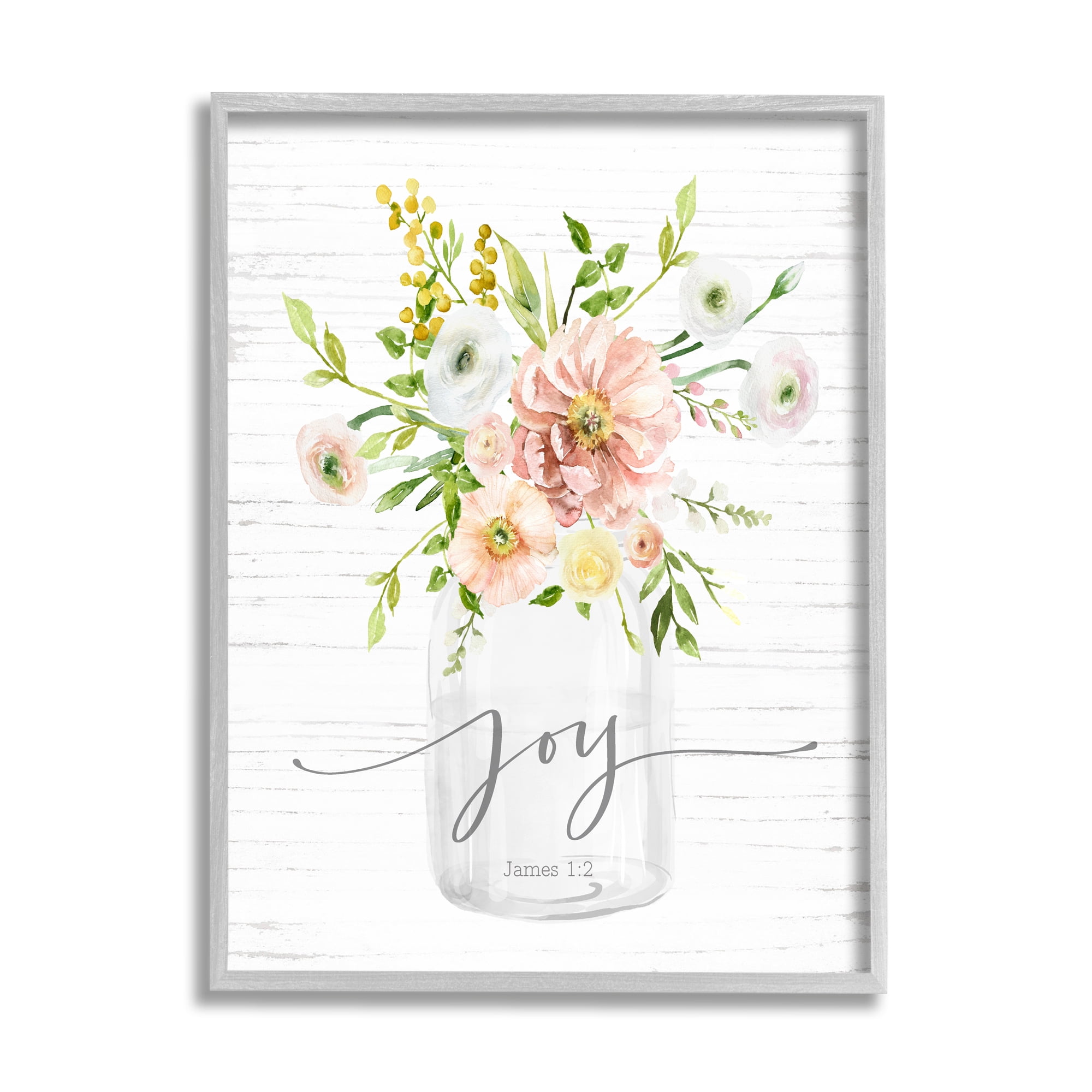 Stupell Industries Country Bouquet Floral Arrangement Religious Joy Script Graphic Art Gray Framed Art Print Wall Art, Design by Lettered and Lined