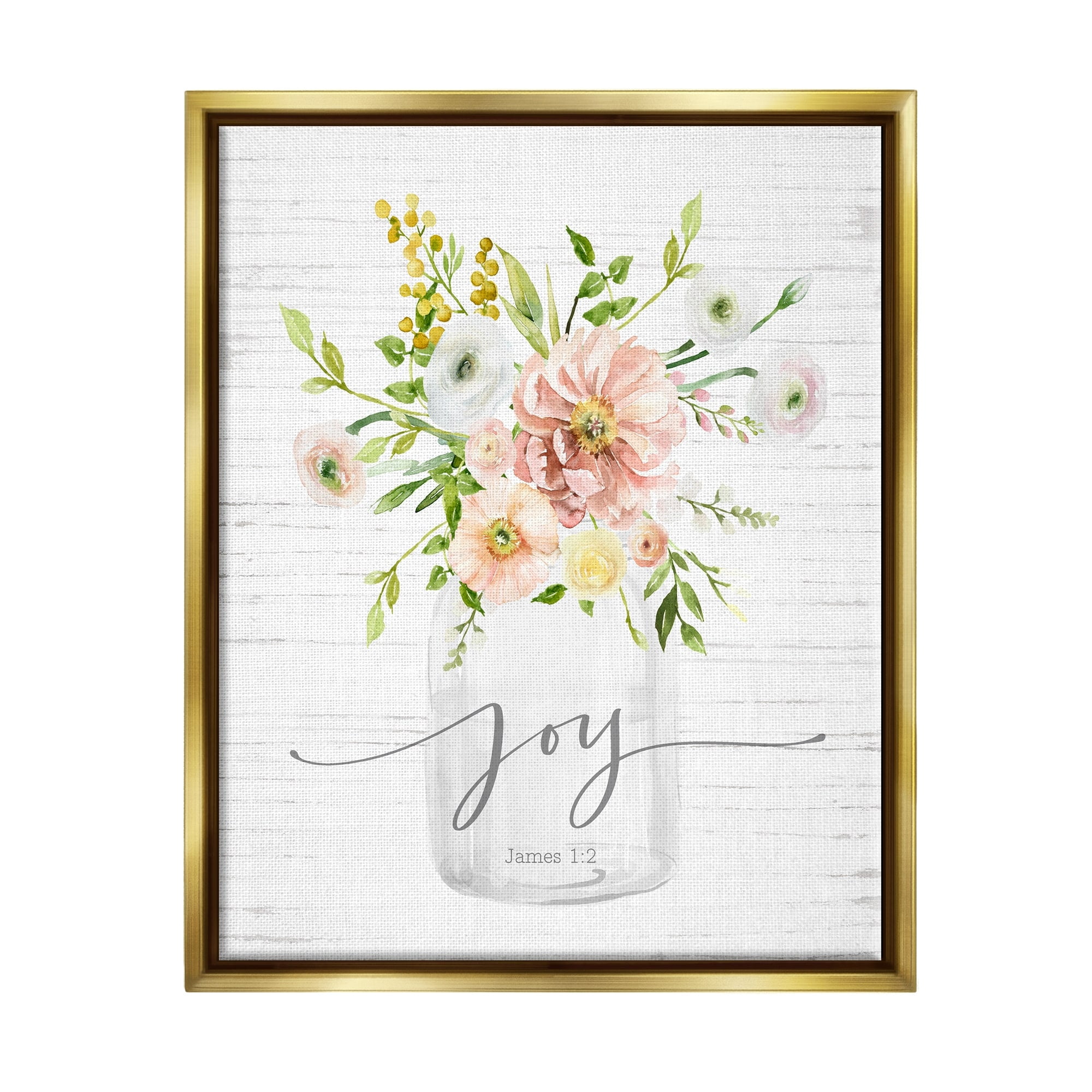 Stupell Industries Country Bouquet Floral Arrangement Religious Joy Script Graphic Art Metallic Gold Floating Framed Canvas Print Wall Art, Design by Lettered and Lined