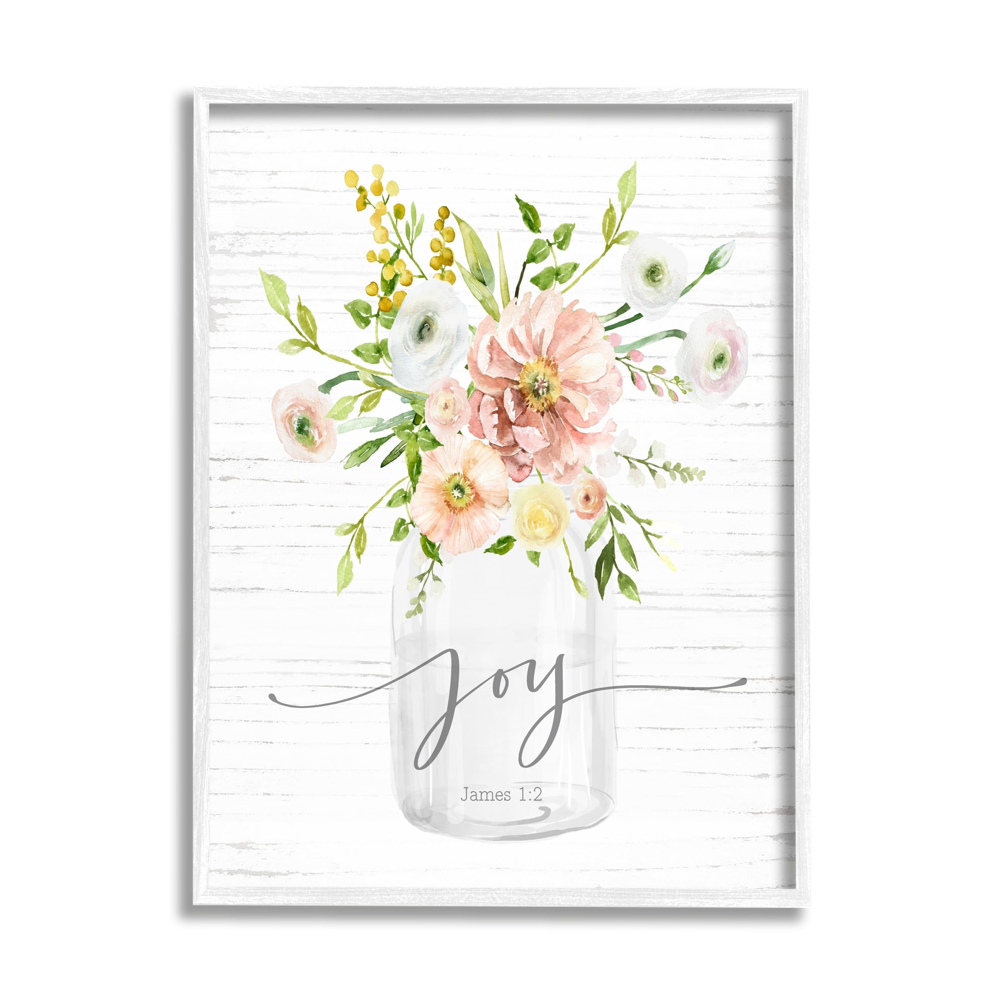 Stupell Industries Country Bouquet Floral Arrangement Religious Joy Script Graphic Art White Framed Art Print Wall Art, Design by Lettered and Lined