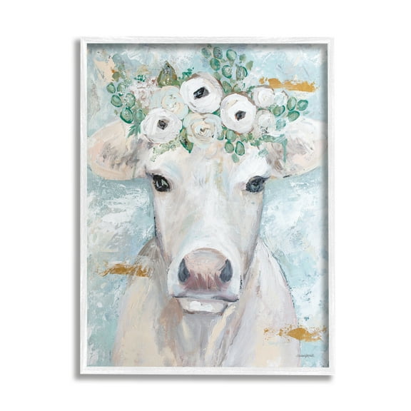Stupell Industries Country Cattle Cow White Flower Crown Brushstrokes Framed Wall Art, 11 x 14, Design by Mackenzie Kissell