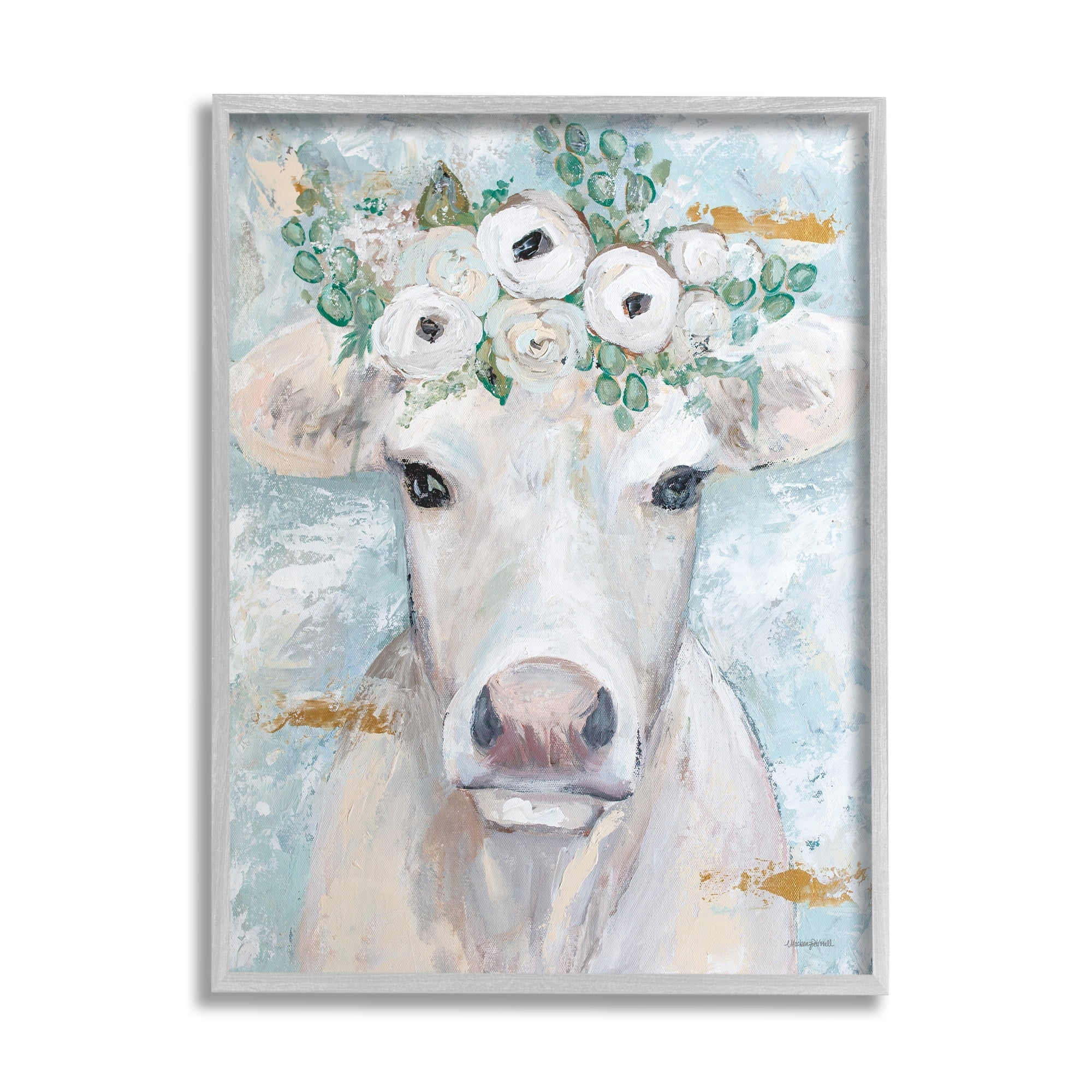 Stupell Industries Country Cattle Cow White Flower Crown Brushstrokes Framed Wall Art, 16 x 20, Design by Mackenzie Kissell