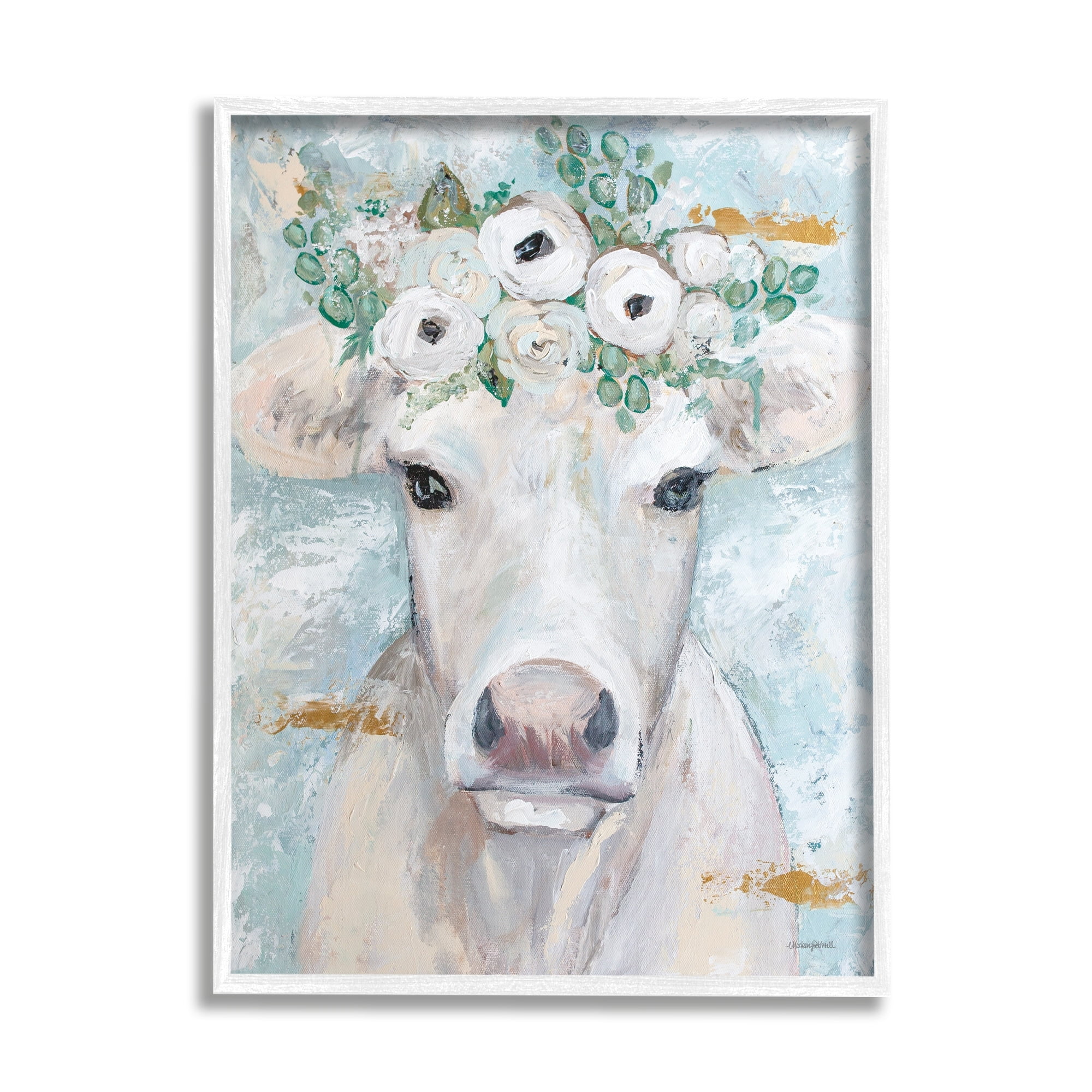 Stupell Industries Country Cattle Cow White Flower Crown Brushstrokes Framed Wall Art, 16 x 20, Design by Mackenzie Kissell