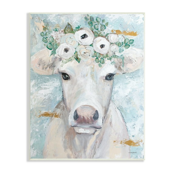 Stupell Industries Country Cattle Cow White Flower Crown Brushstrokes Wood Wall Art, 10 x 15, Design by Mackenzie Kissell