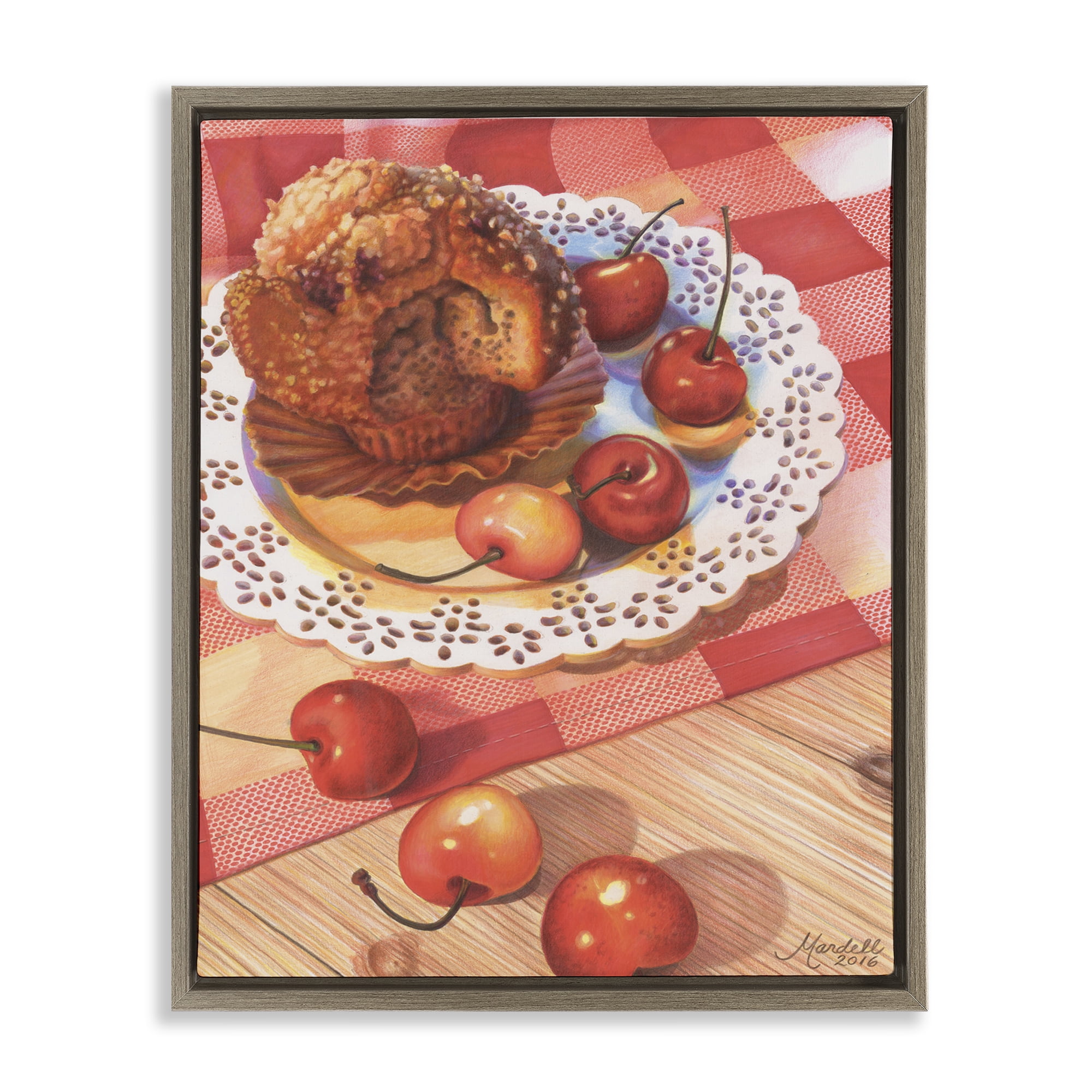 Stupell Industries Country Cherries & Muffin Food & Beverage Painting Brown Floater Framed Art Print Wall Art, 17 x 21