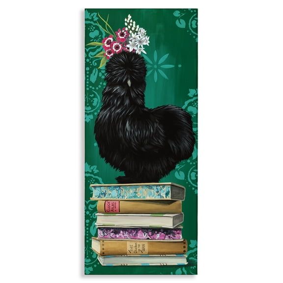 Stupell Industries Country Chicken on Bookstack Animals Painting Wrapped Canvas Canvas Art Print Wall Art, 10 x 24