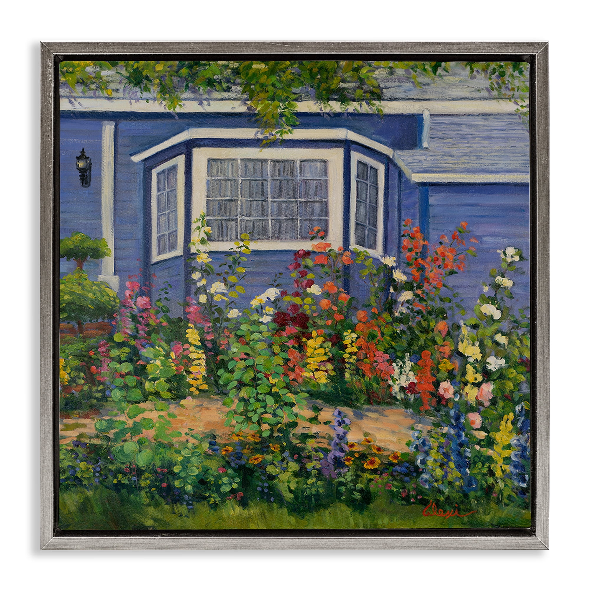 Stupell Industries Country Cottage Lovely Garden Landscape & Nature Painting Gray Floater Framed Canvas Art Print Wall Art, 25 x 25