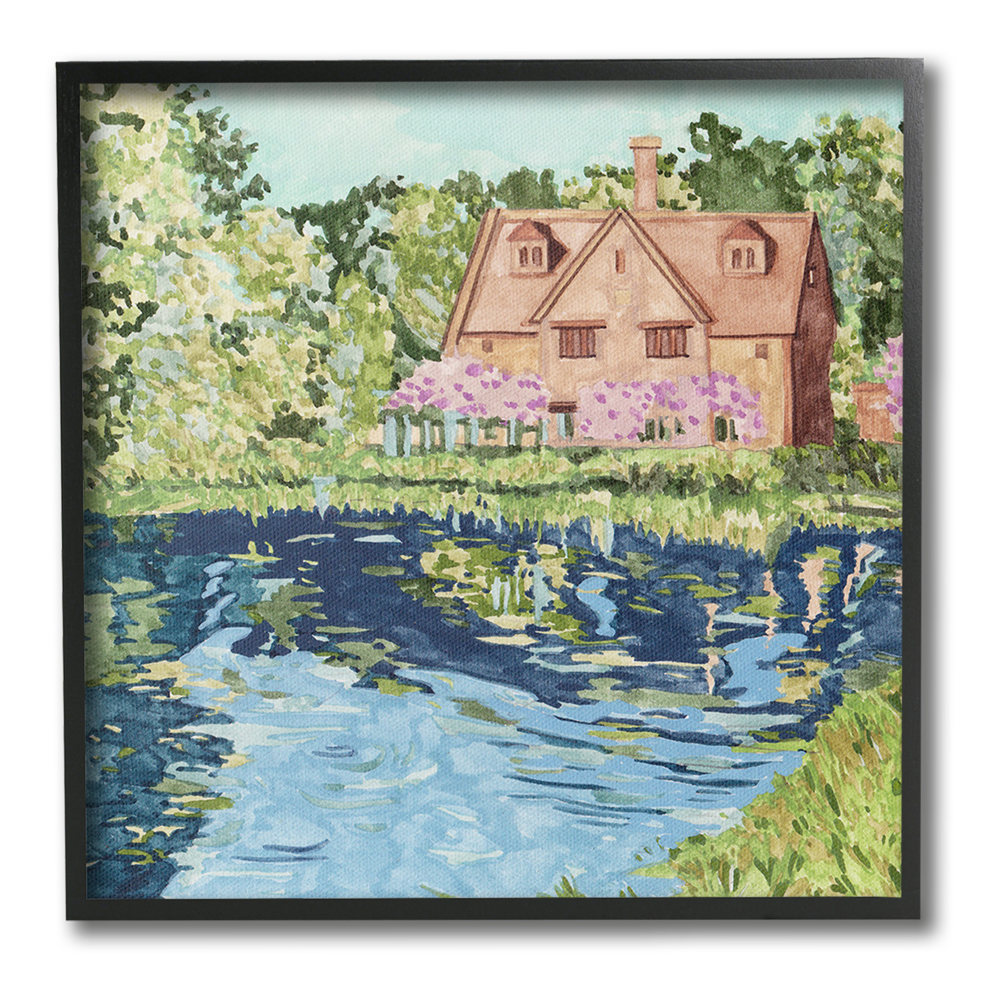 Stupell Industries Country Cottage & Pond Landscape Painting Black Framed Art Print Wall Art, 12 x 12