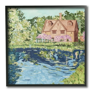 Stupell Industries Country Cottage & Pond Landscape Painting Black Framed Art Print Wall Art, 12 x 12